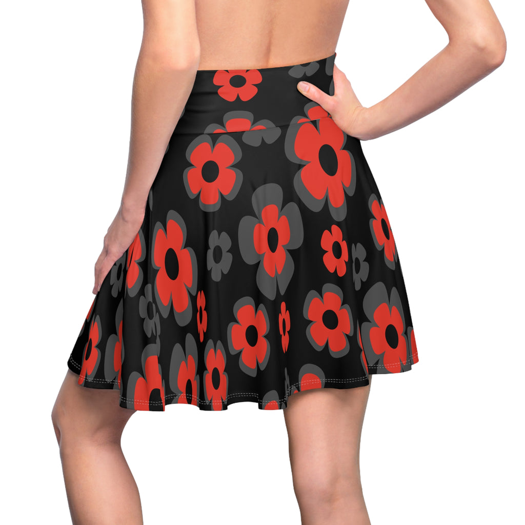 Red & Gray Retro Flower Skater Skirt — 60s Floral AOP