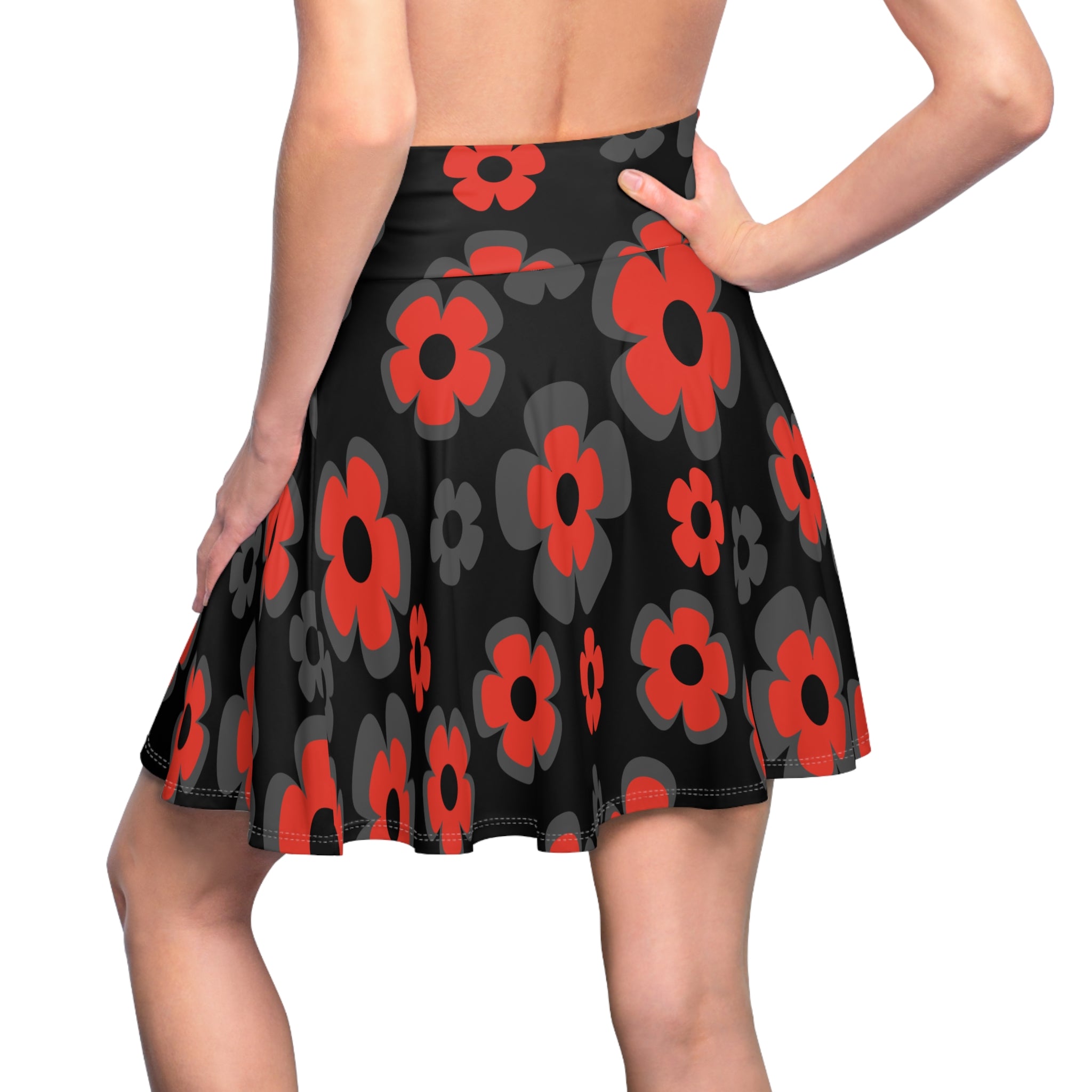 Red & Gray Retro Flower Skater Skirt — 60s Floral AOP