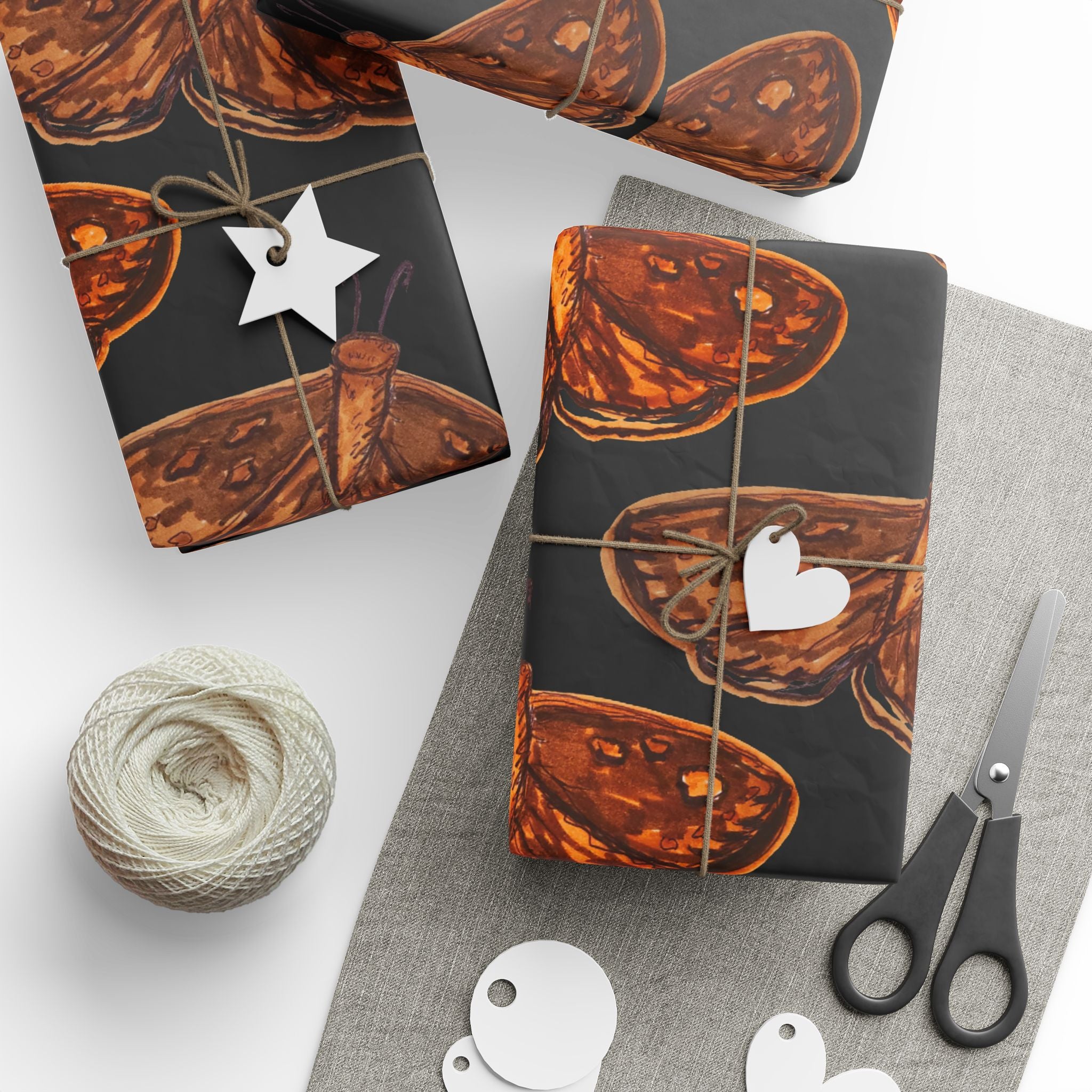 Moth Pattern Wrapping Paper — Vintage Brown Moths on Black Gift Wrap