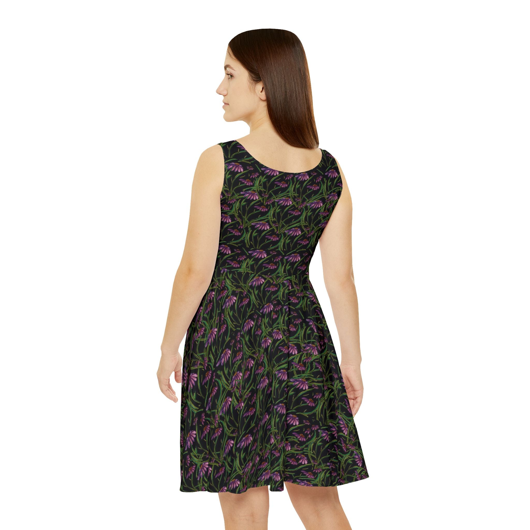 Floral Tulip Skater Dress — Black & Purple All-Over Print