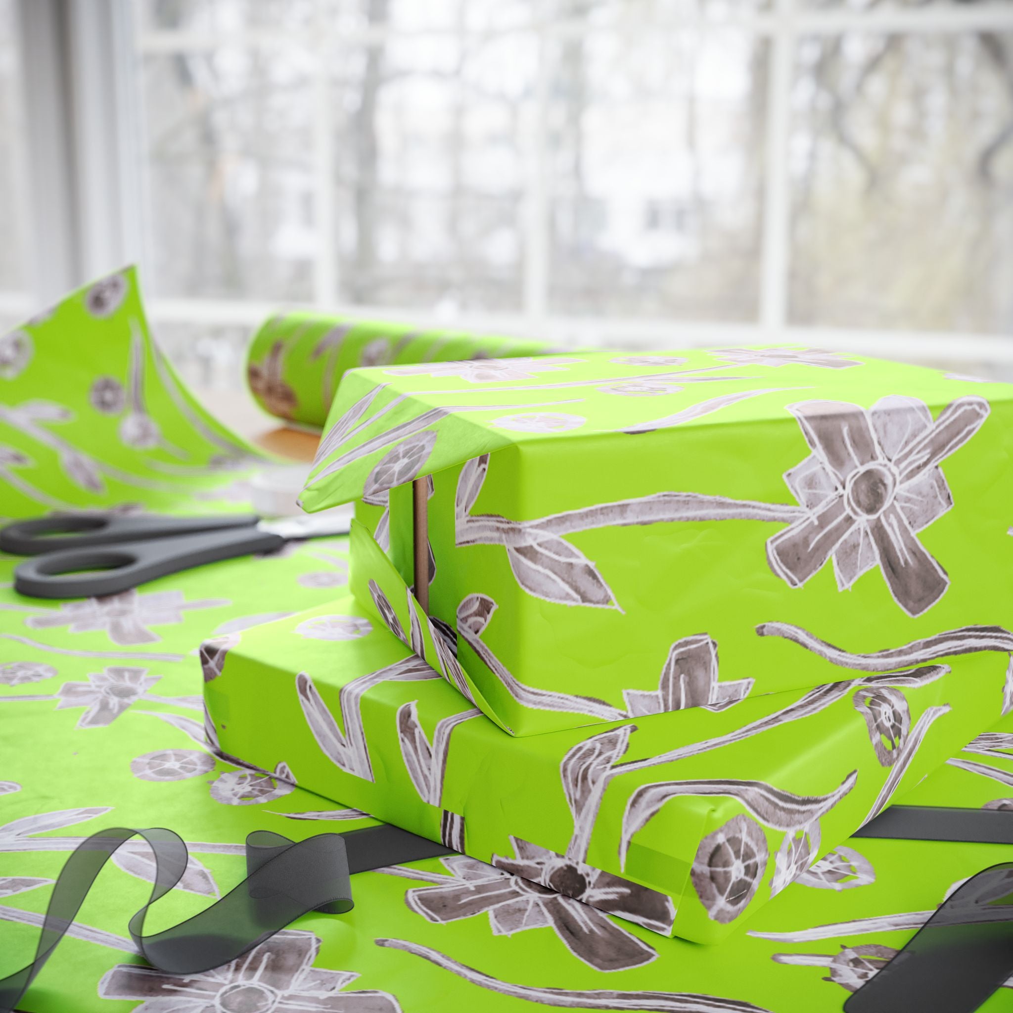 Lime Floral Wrapping Paper — Silver Botanical Gift Wrap