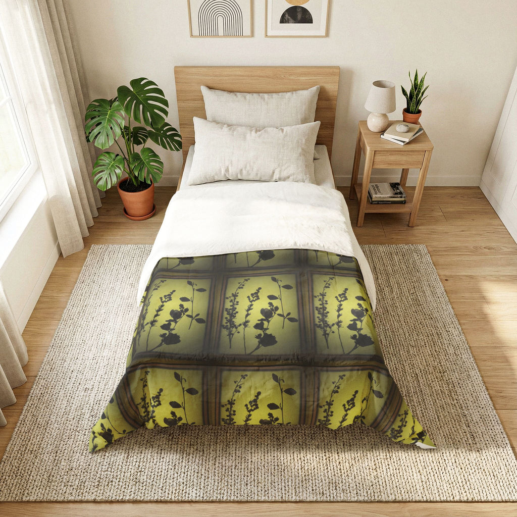 Botanical Shadow Cotton Comforter — Green Floral Silhouette Bedspread