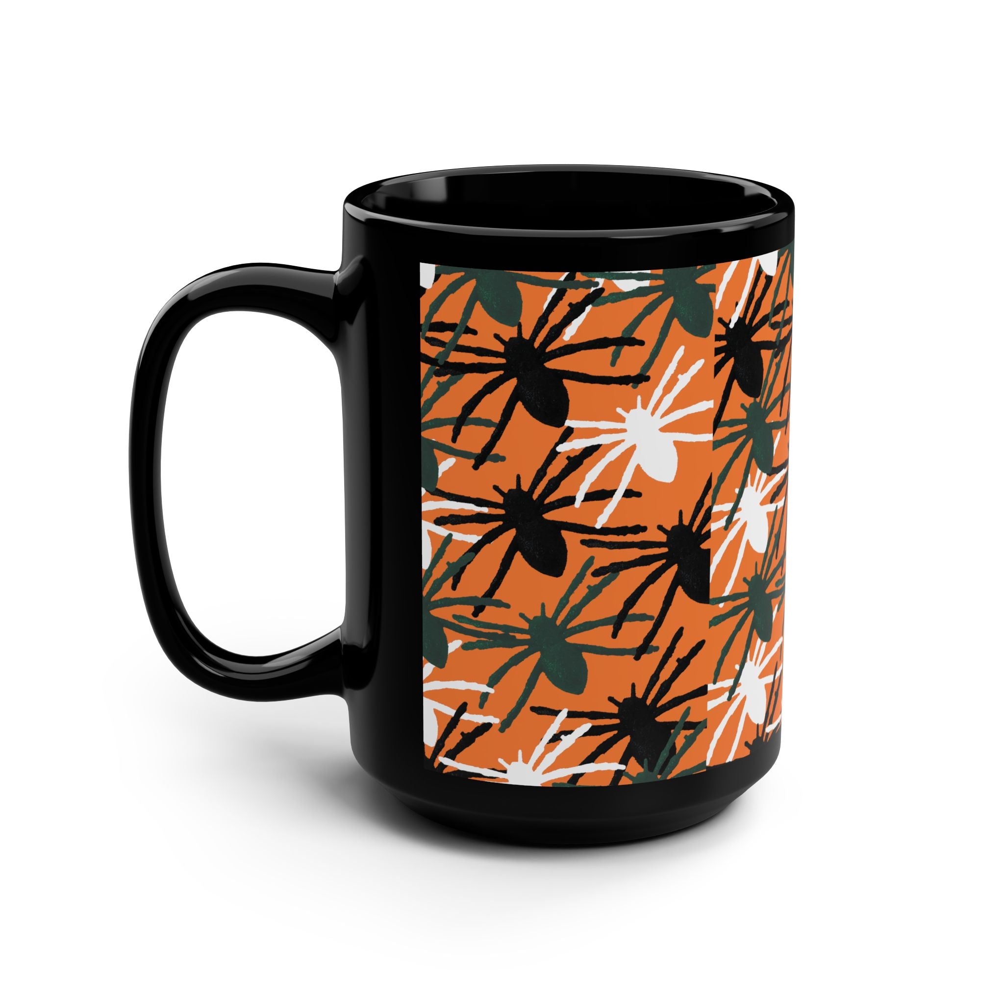 Spider Pattern 15oz Black Mug — Halloween Orange Spider Repeat Design