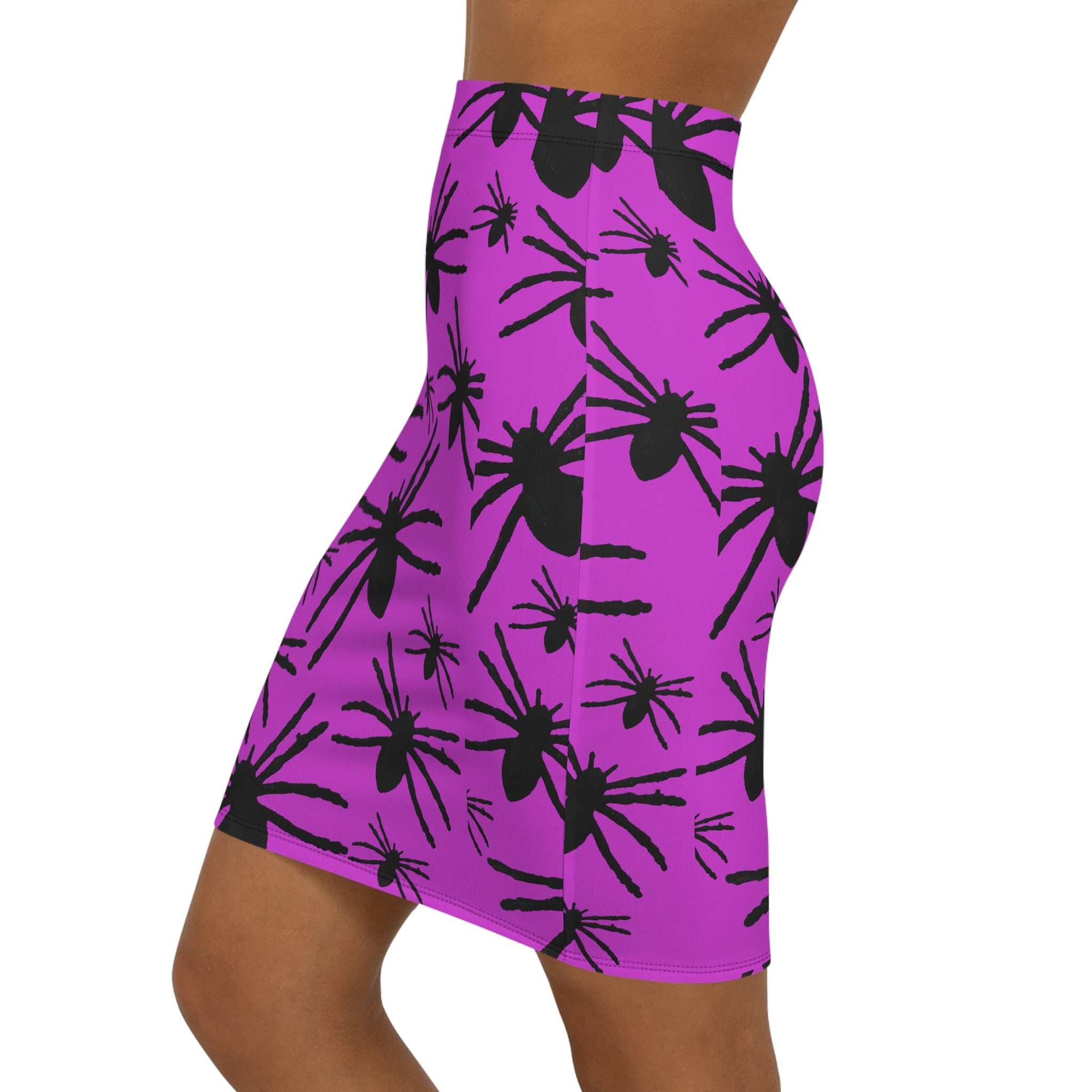 Spider Print Pencil Skirt — Purple Halloween AOP Midi