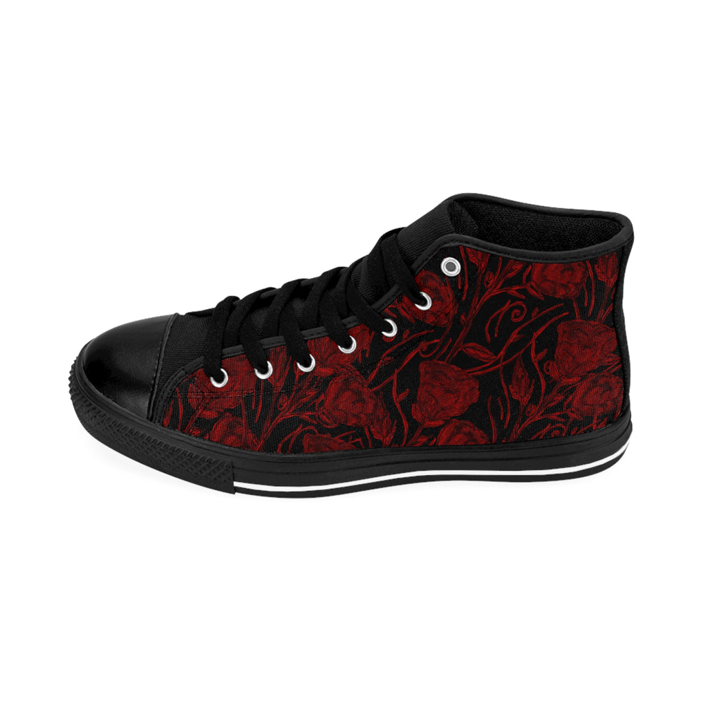 Hi-Top Sneakers — Dark Red Rose Pattern Women’s Classic Sneakers