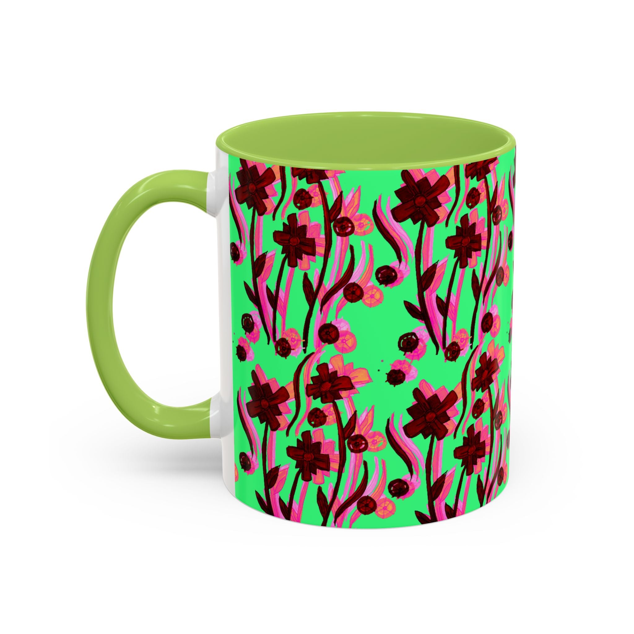 Floral Pop Accent Coffee Mug – Bold Red Flowers on Mint Green (11/15oz)