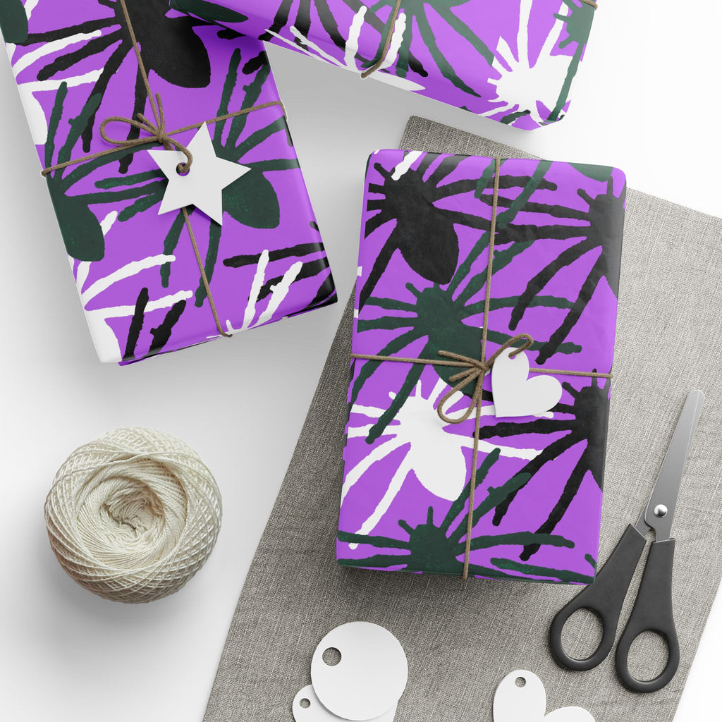 Purple Floral Wrapping Paper Roll — Bold Black & White Flower Gift Wrap