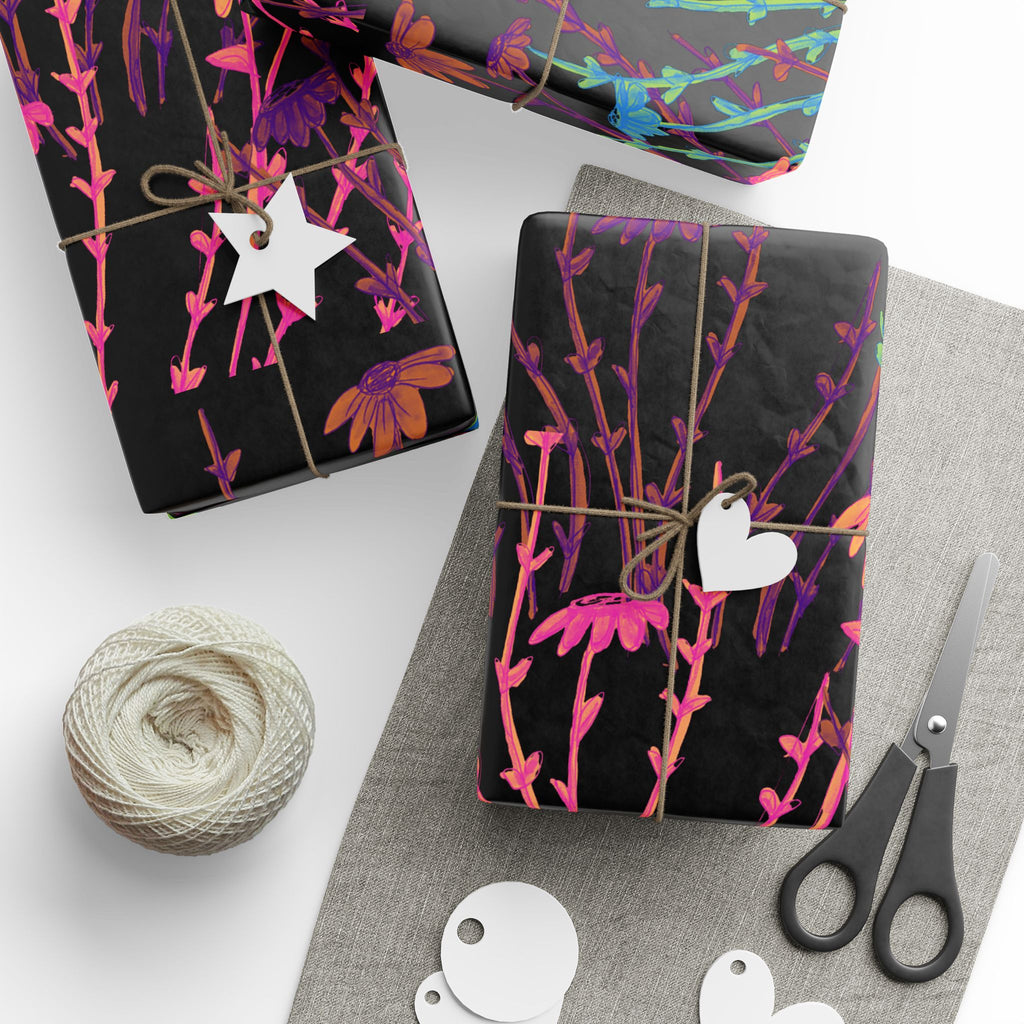 Floral Neon Stems Gift Wrap — Rainbow Wildflower Wrapping Paper on Black