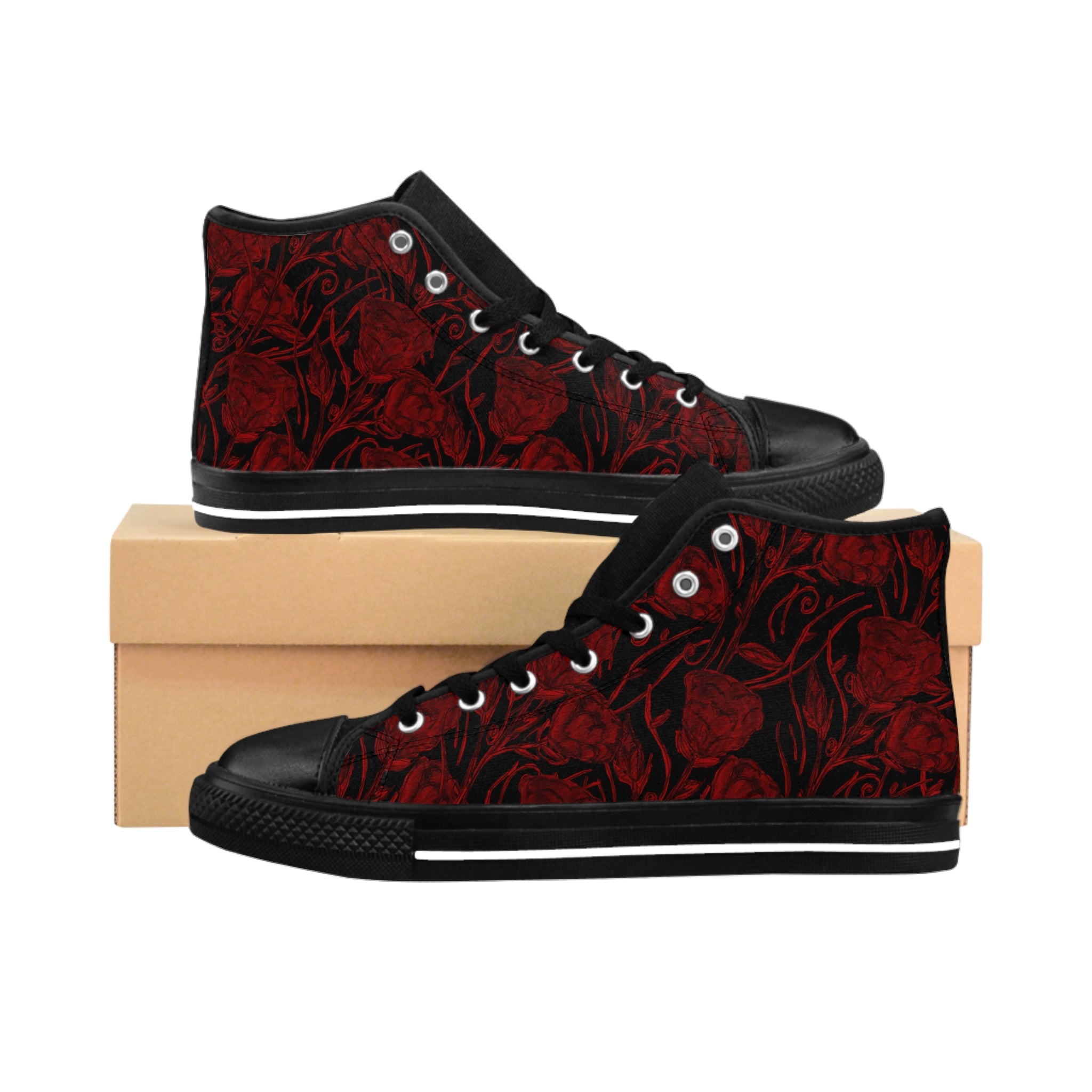 Hi-Top Sneakers — Dark Red Rose Pattern Women’s Classic Sneakers