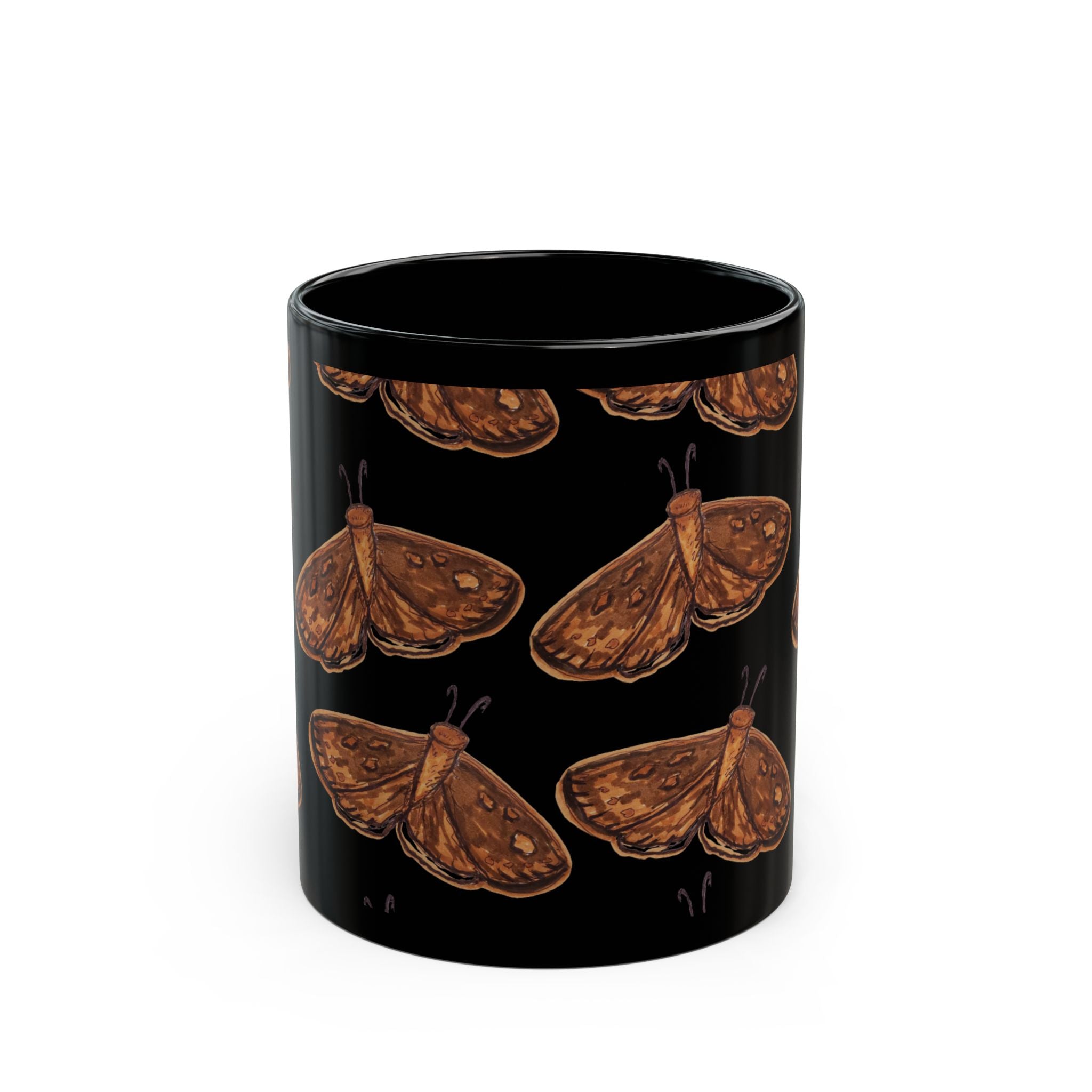 Moth Pattern Black Coffee Mug — Rustic Brown Moth Repeat Design (11oz & 15oz)