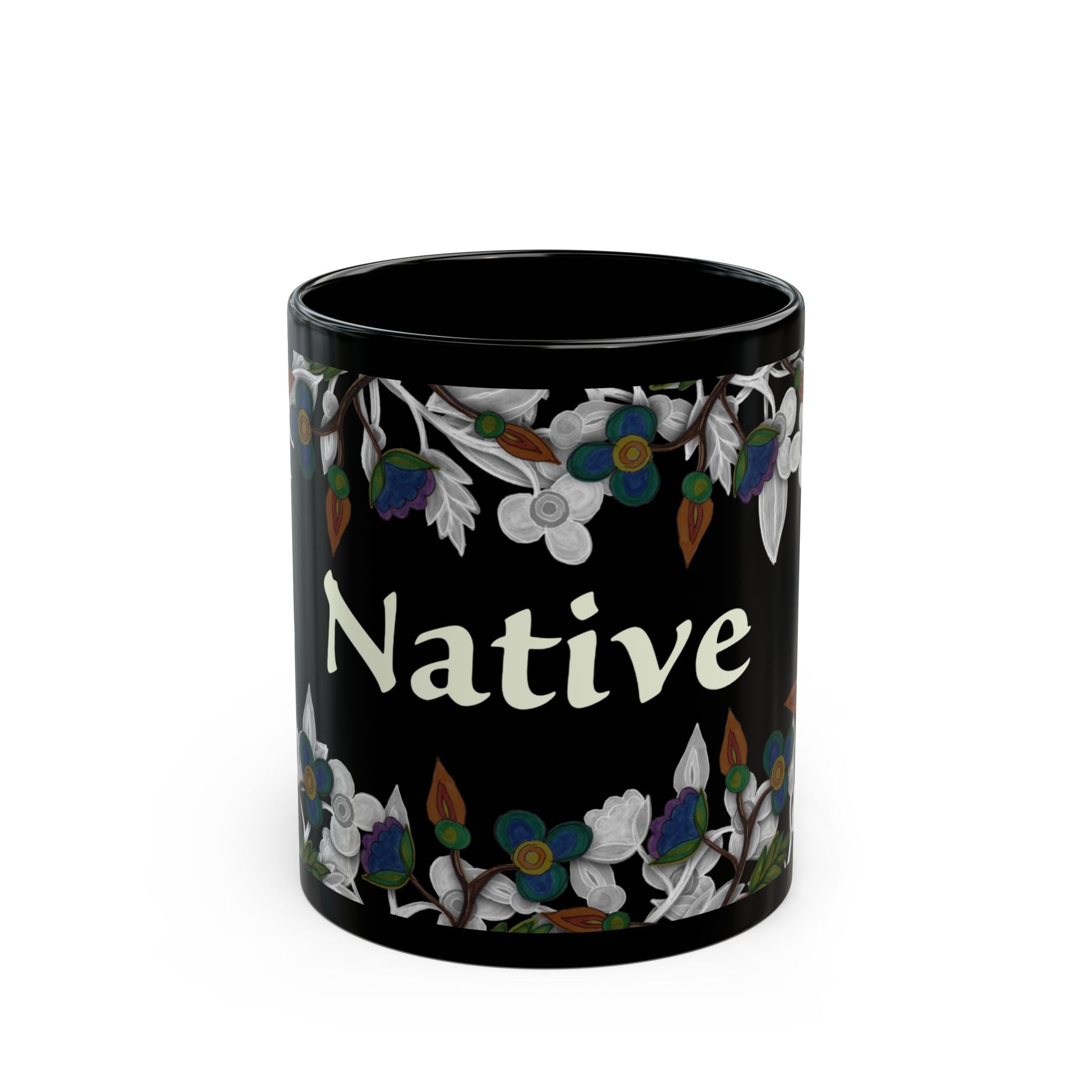 Native Floral Black Mug — 11oz & 15oz Ceramic Coffee Cup