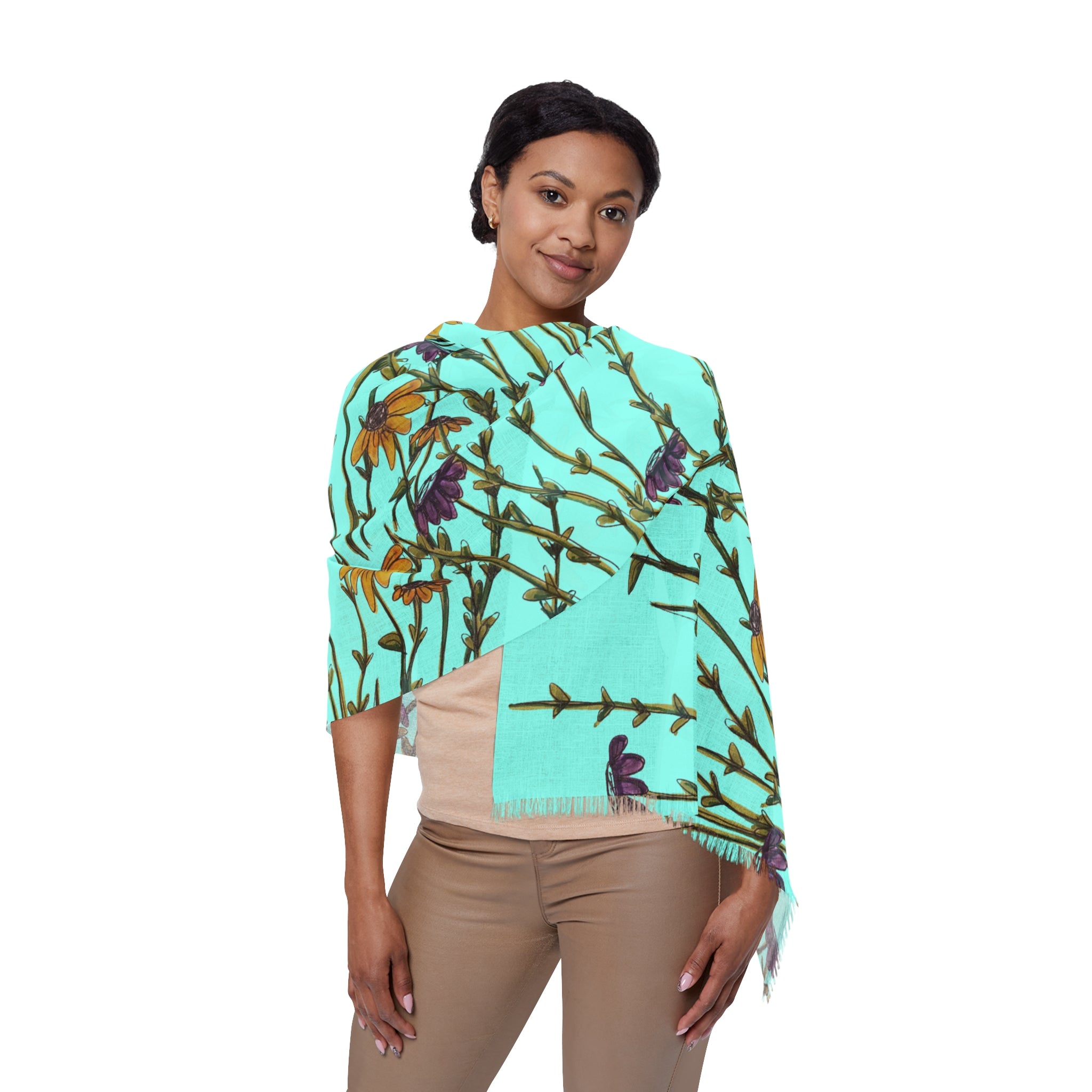 Aqua Wildflower Scarf — Lightweight Floral Spring Wrap