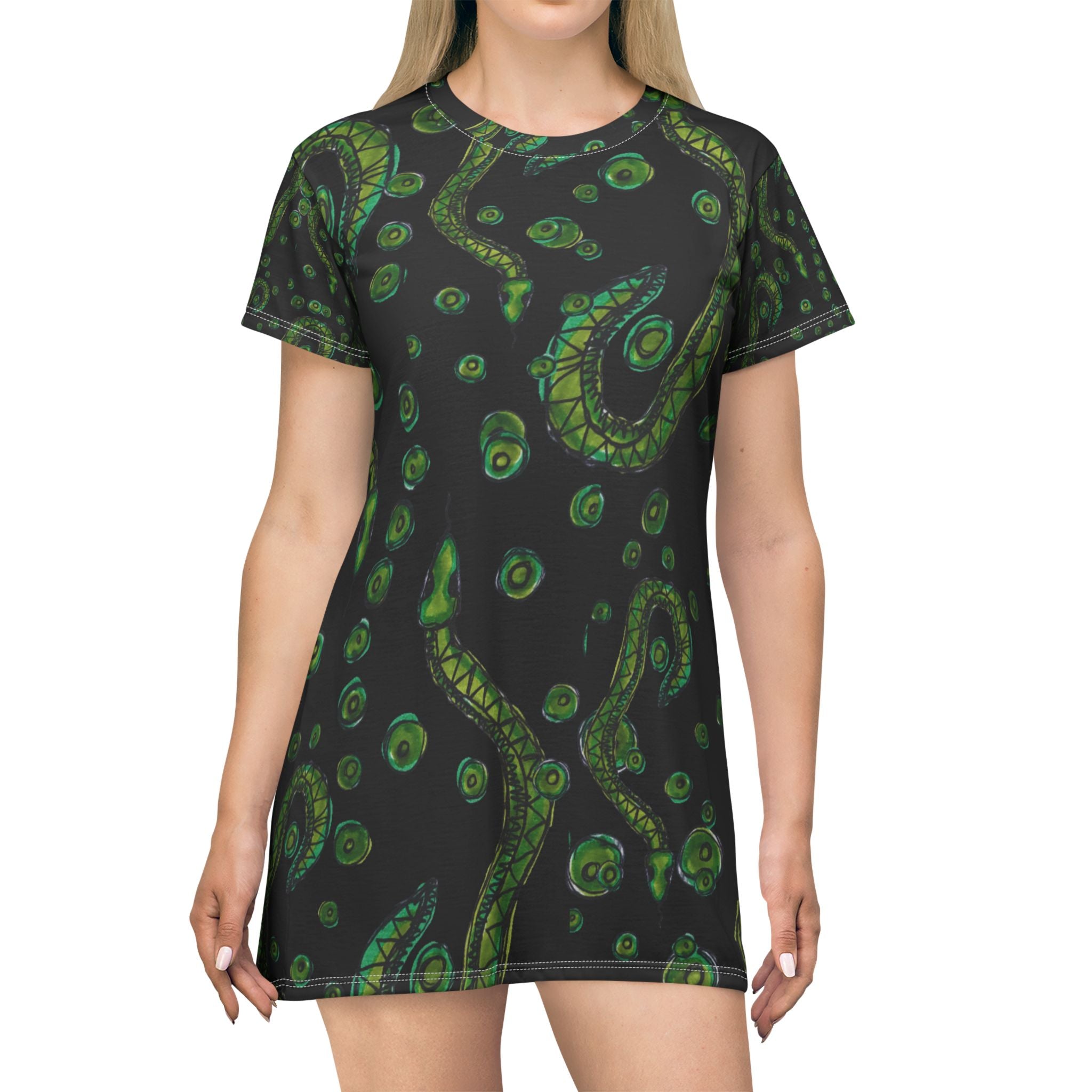Green Bioluminescent Sea Creatures T‑Shirt Dress — All‑Over Print