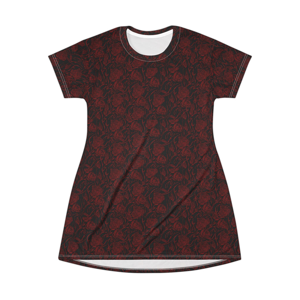 Dark Red Rose All-Over Print T-Shirt Dress — Gothic Floral Casual Dress