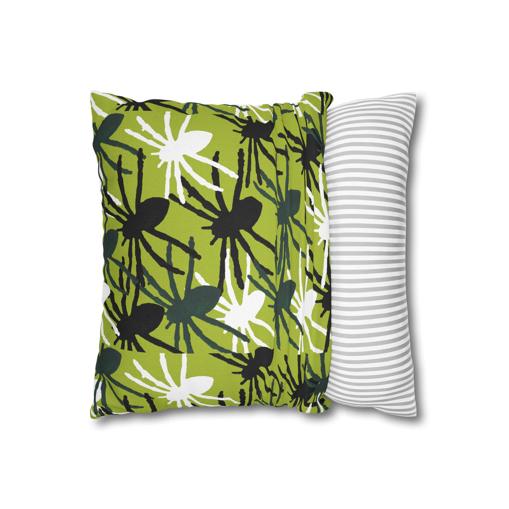 Green Spider Pattern Square Pillow — Bold Botanical Decorative Cushion