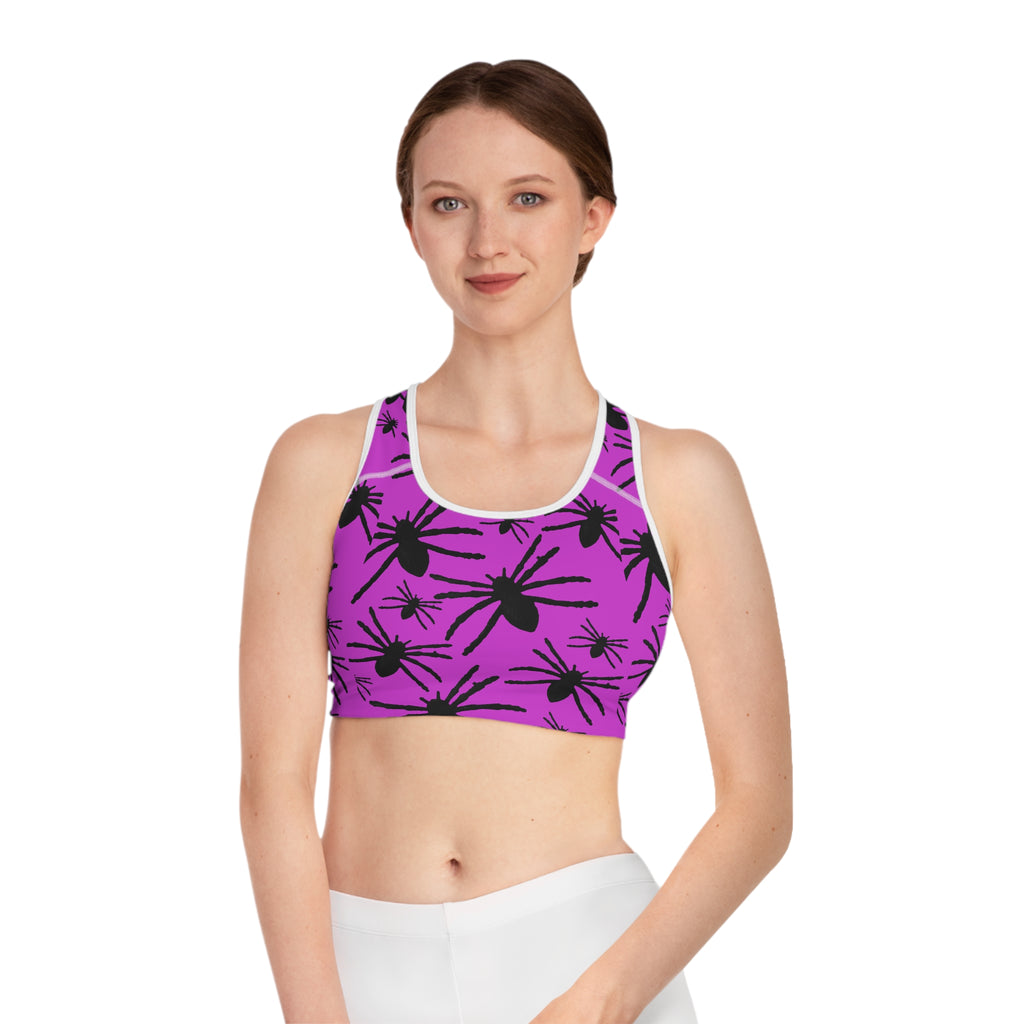 Spider Silhouette Sports Bra — Purple All-Over Print Activewear