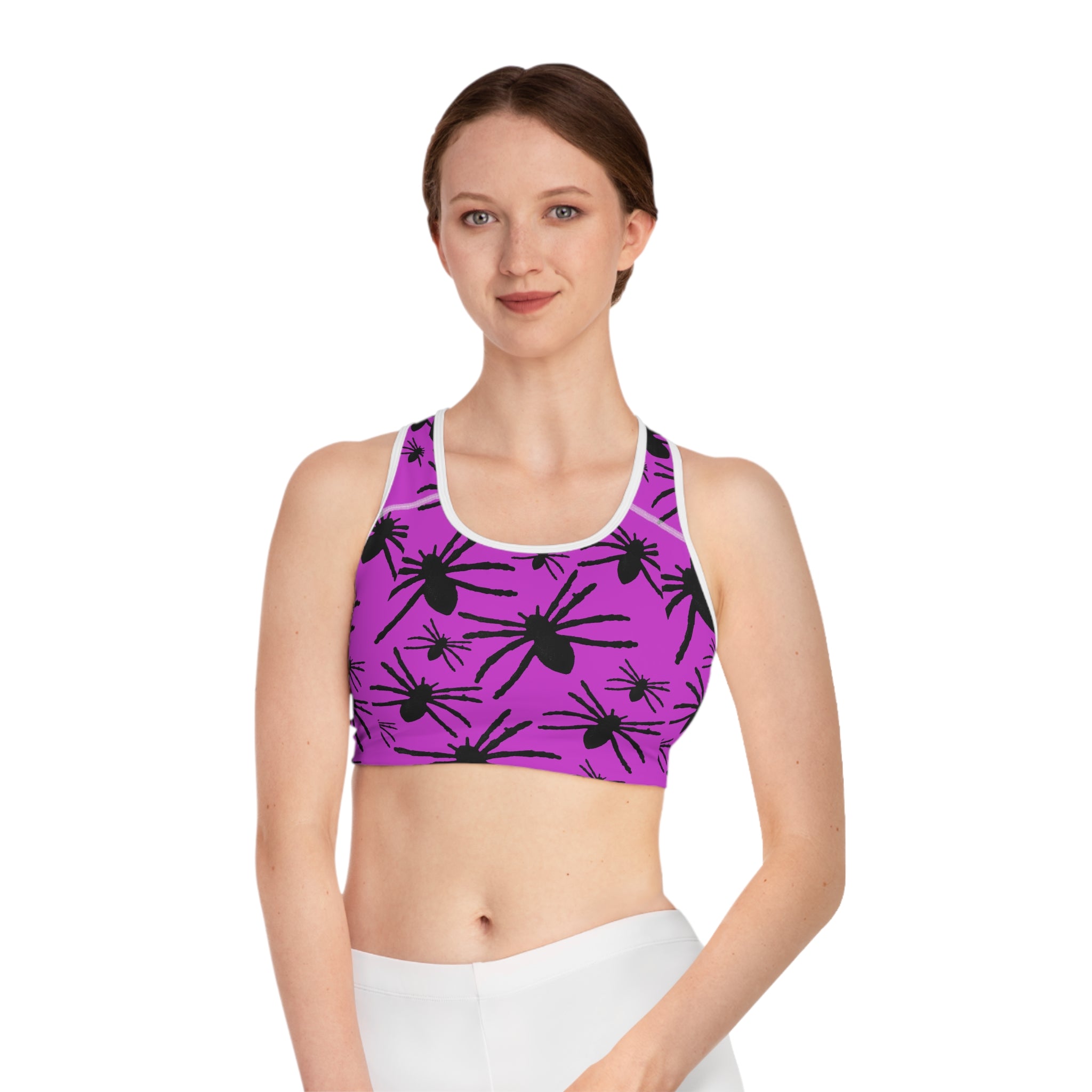 Spider Silhouette Sports Bra — Purple All-Over Print Activewear
