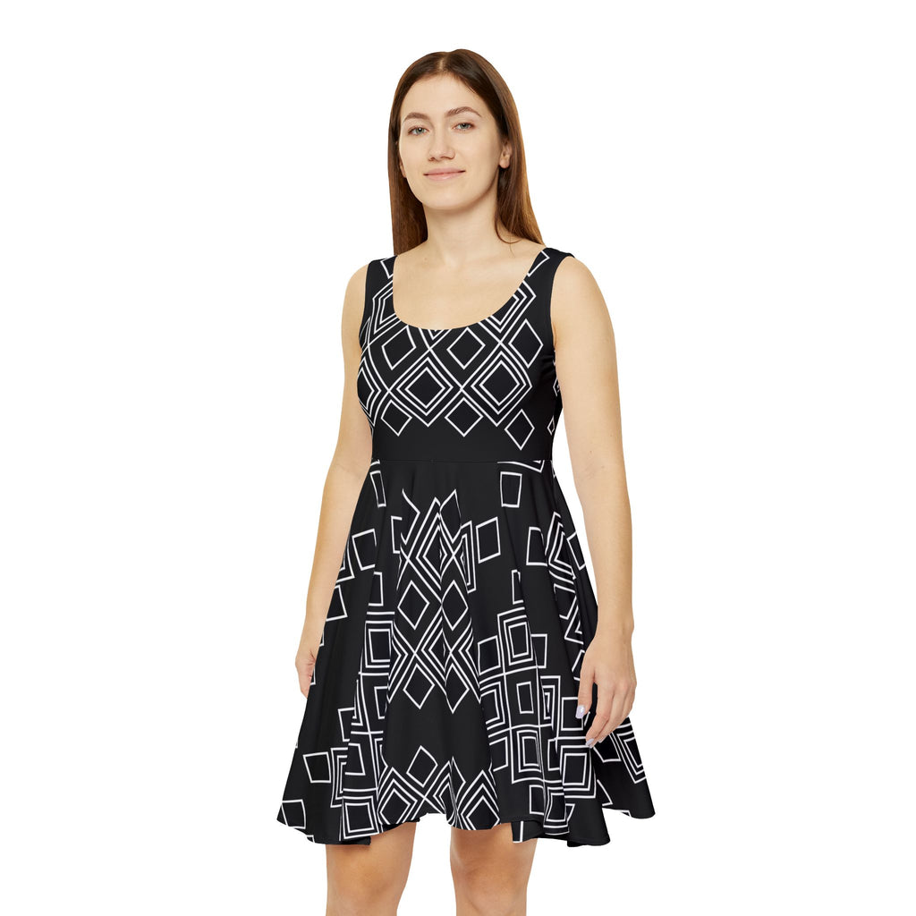 Black Geometric Skater Dress – Retro Diamond Pattern AOP