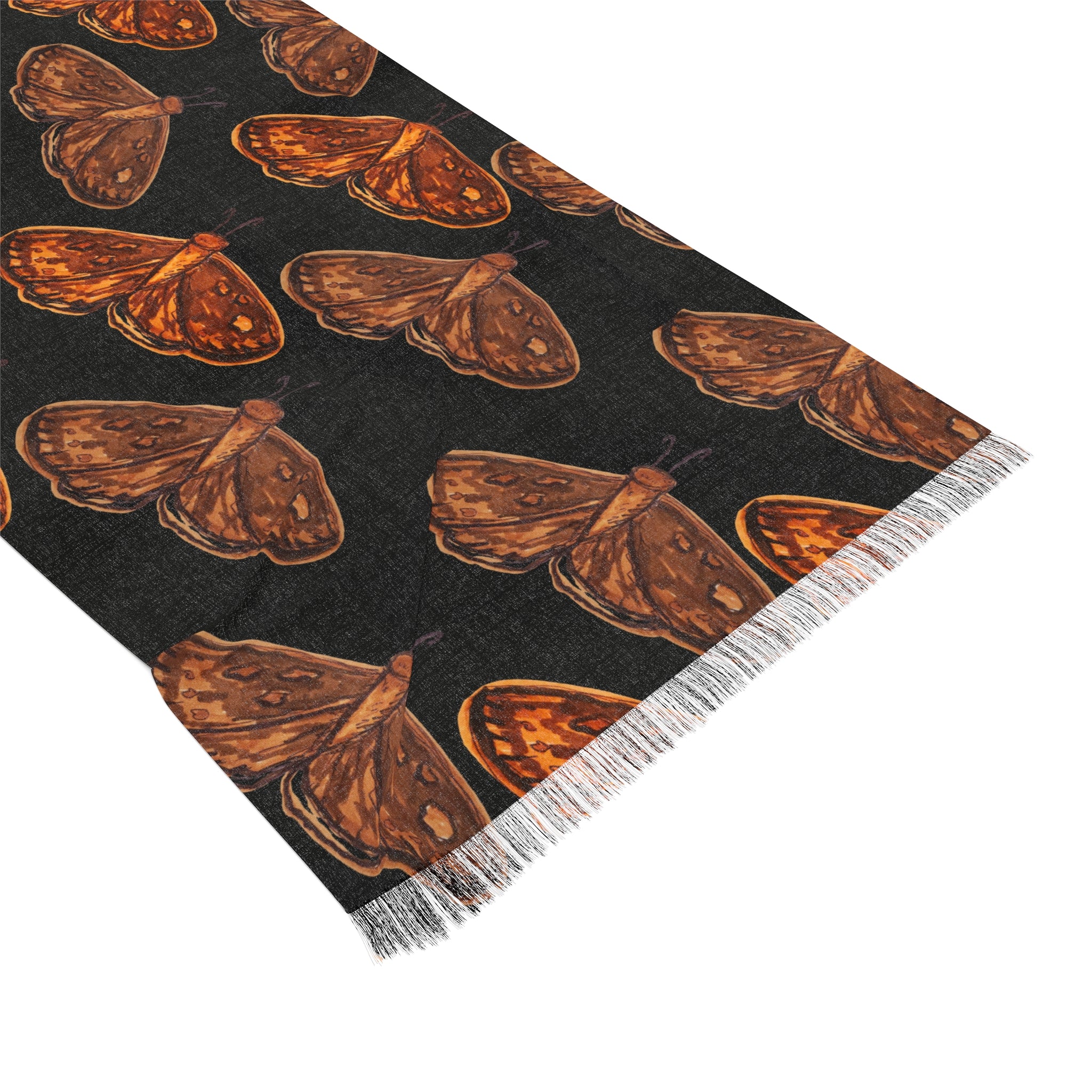 Autumn Moth Scarf – Lightweight Black & Copper Moth Pattern Scarf