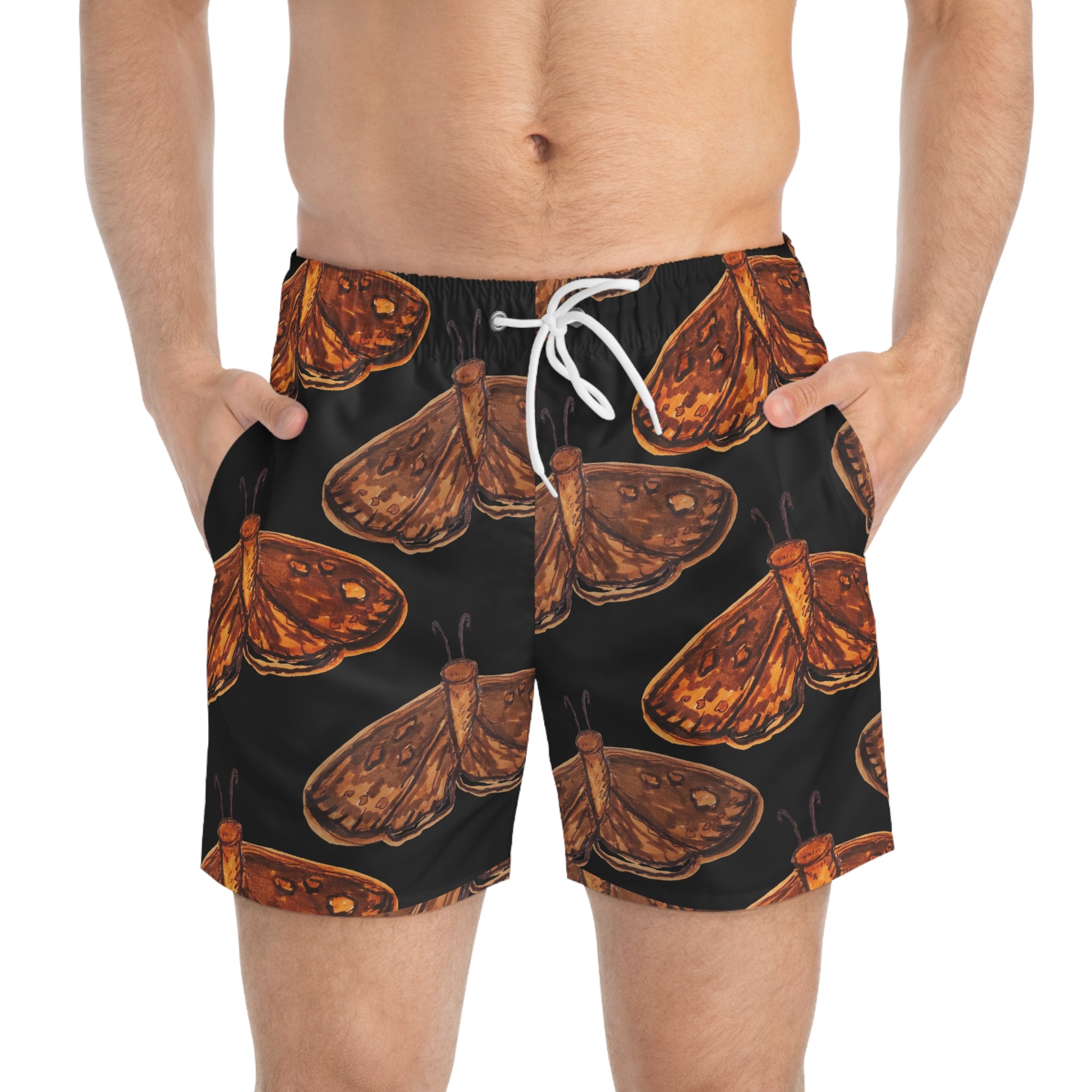 Moth Pattern Swim Trunks — Vintage Orange Moth All-Over Print