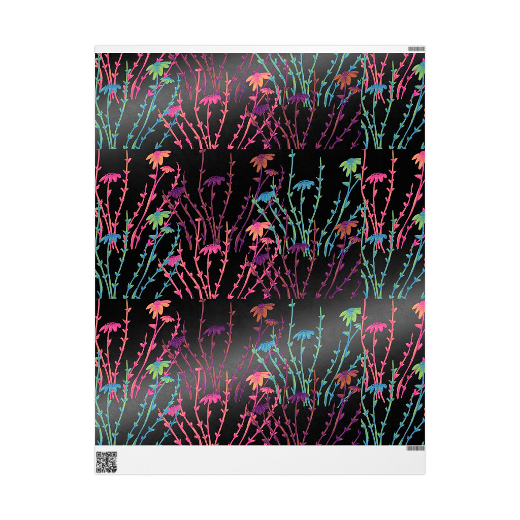Floral Neon Stems Gift Wrap — Rainbow Wildflower Wrapping Paper on Black