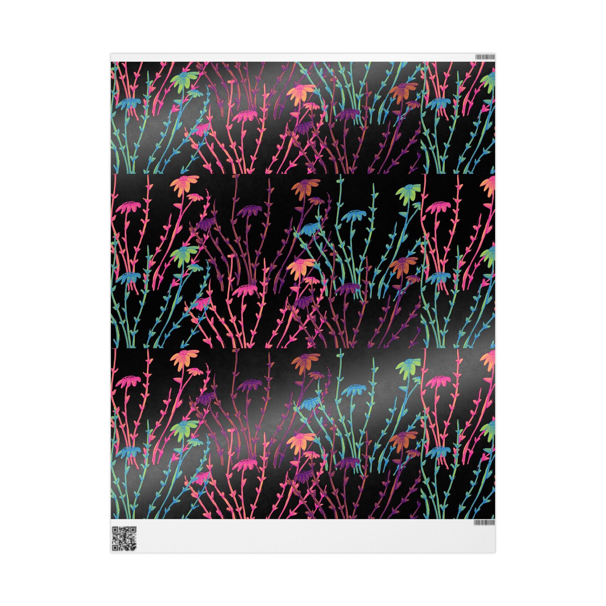 Floral Neon Stems Gift Wrap — Rainbow Wildflower Wrapping Paper on Black