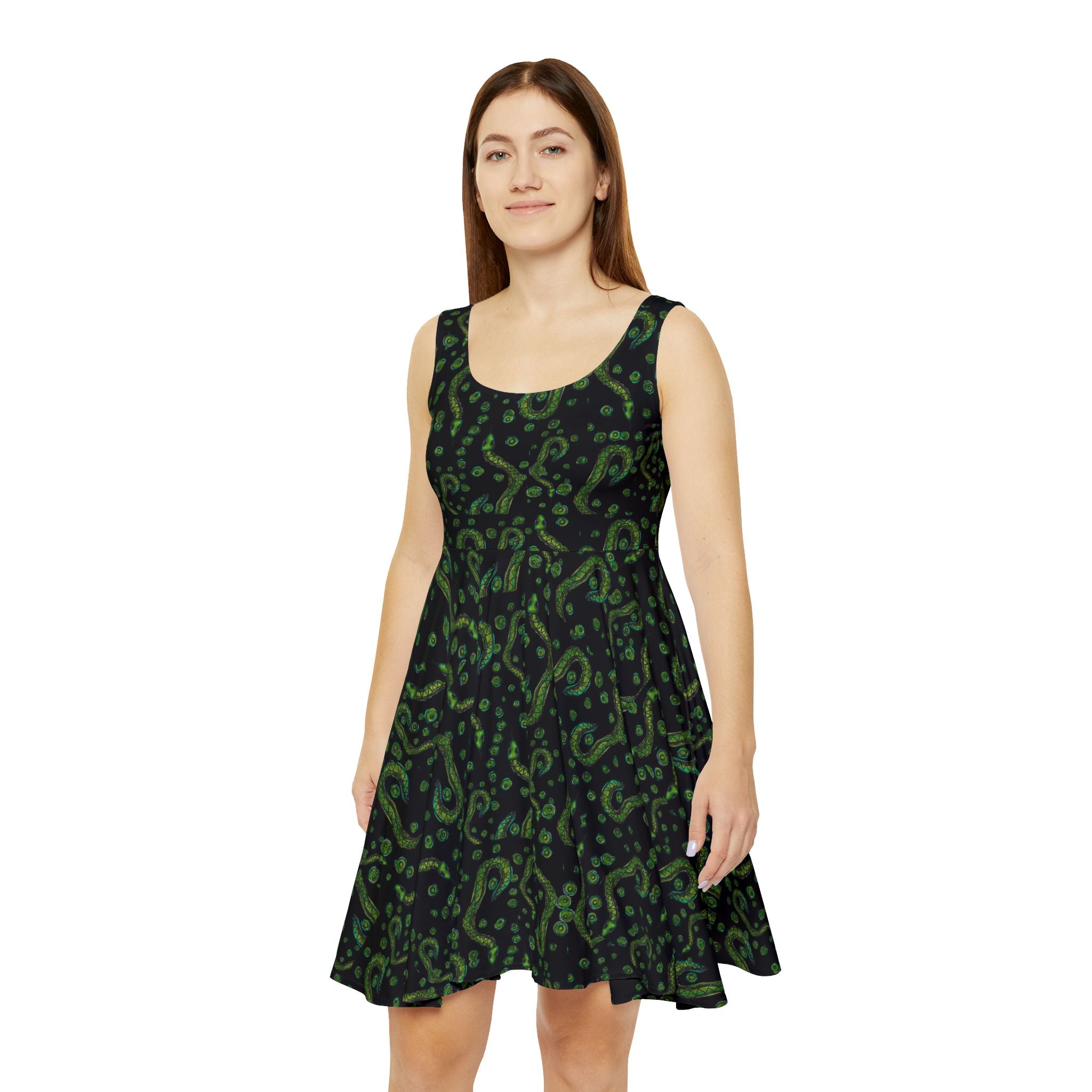 Green Swirl Pattern Skater Dress — All-Over Print Casual Dress
