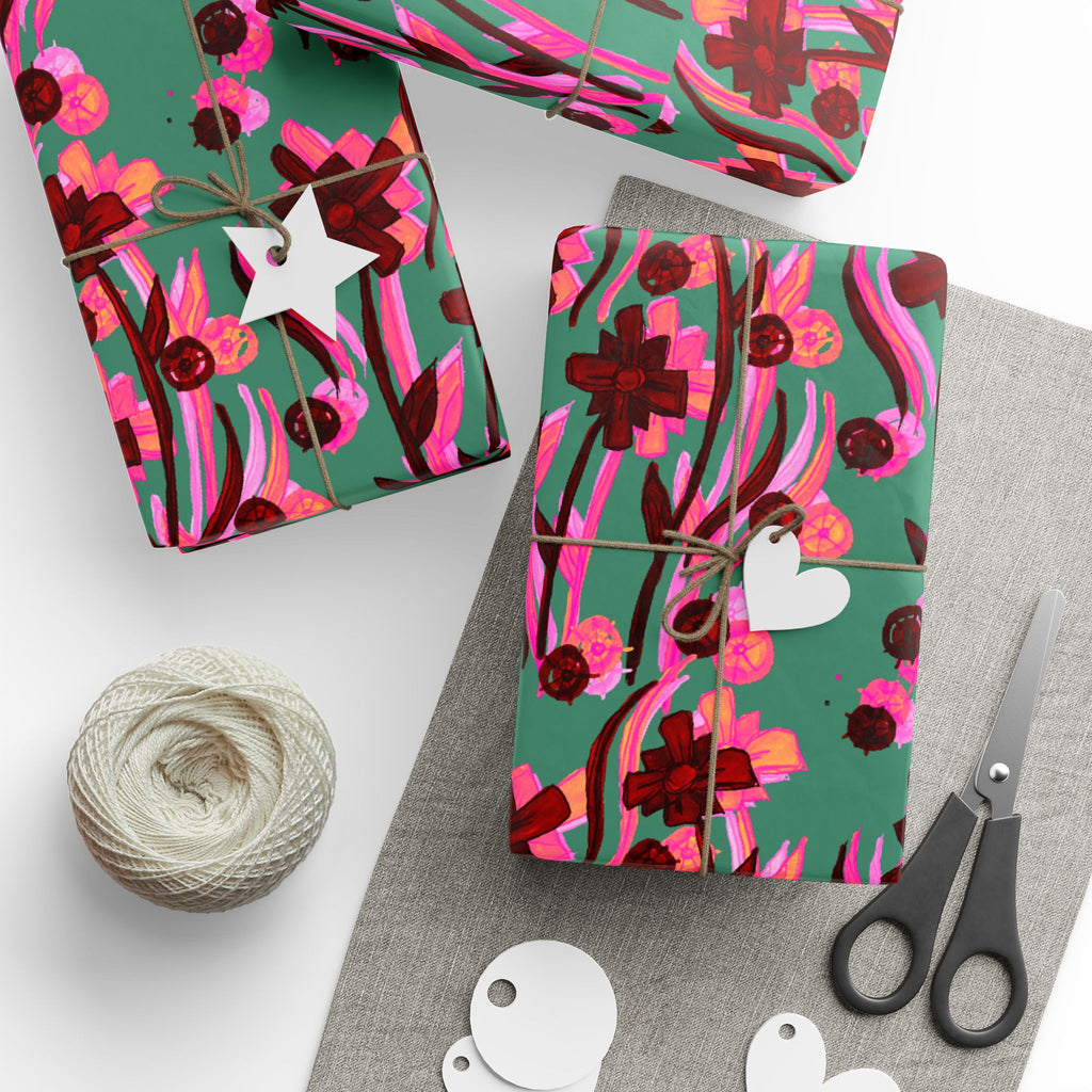 Green Floral Wrapping Paper — Pink Red Bloom Gift Wrap Roll