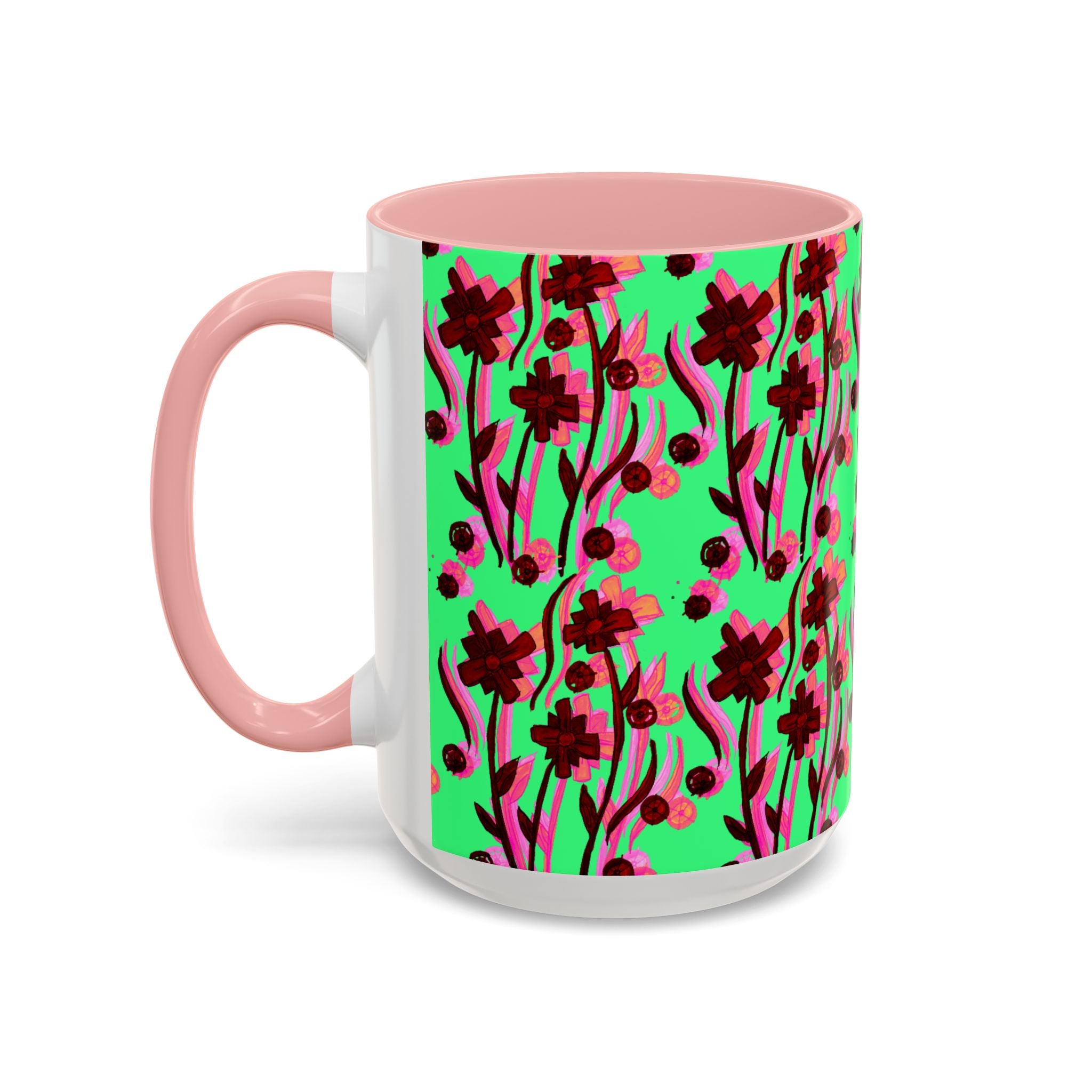 Floral Pop Accent Coffee Mug – Bold Red Flowers on Mint Green (11/15oz)