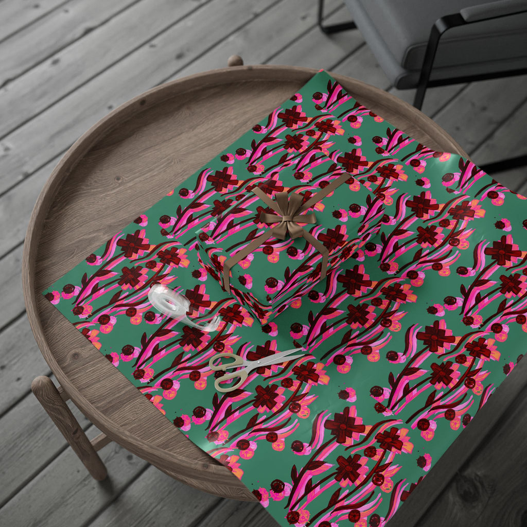 Green Floral Wrapping Paper — Pink Red Bloom Gift Wrap Roll