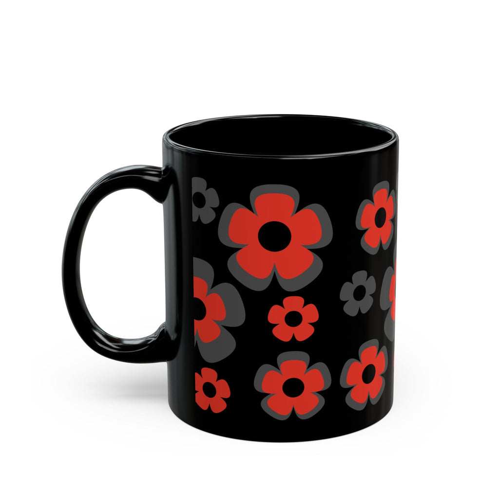 Black Floral Mug — Retro Red & Gray Flower Pattern Coffee Cup (11oz/15oz)