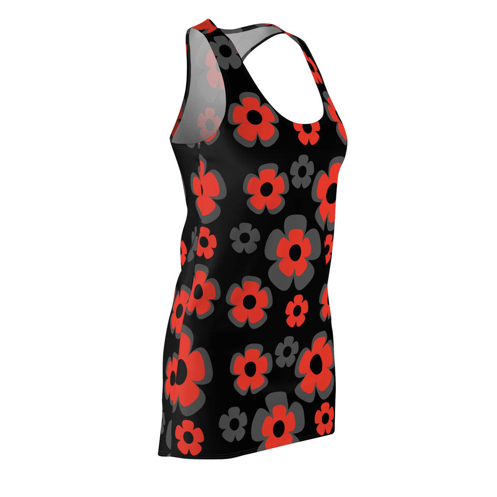 Red & Gray Floral Racerback Dress — Bold Retro Flower Print