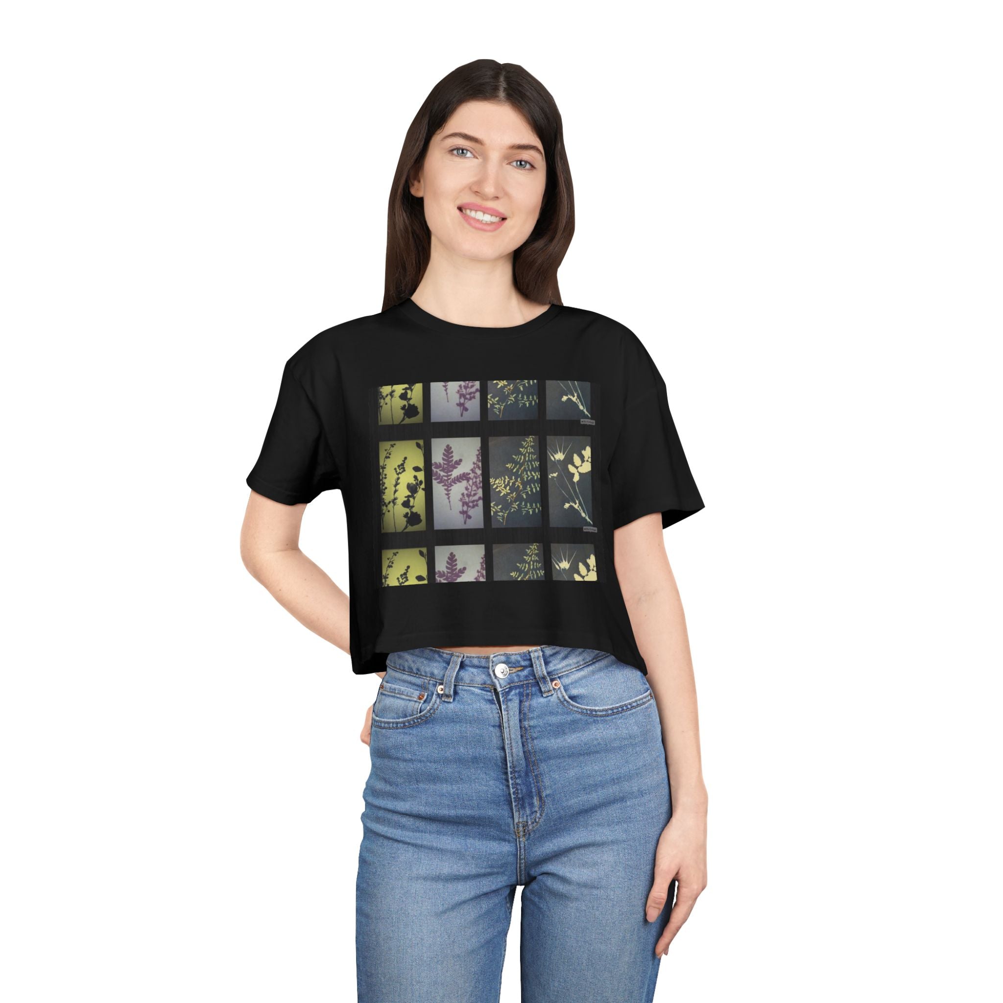 Botanical Grid Women's Crop Tee — Vintage Floral Silhouette Top