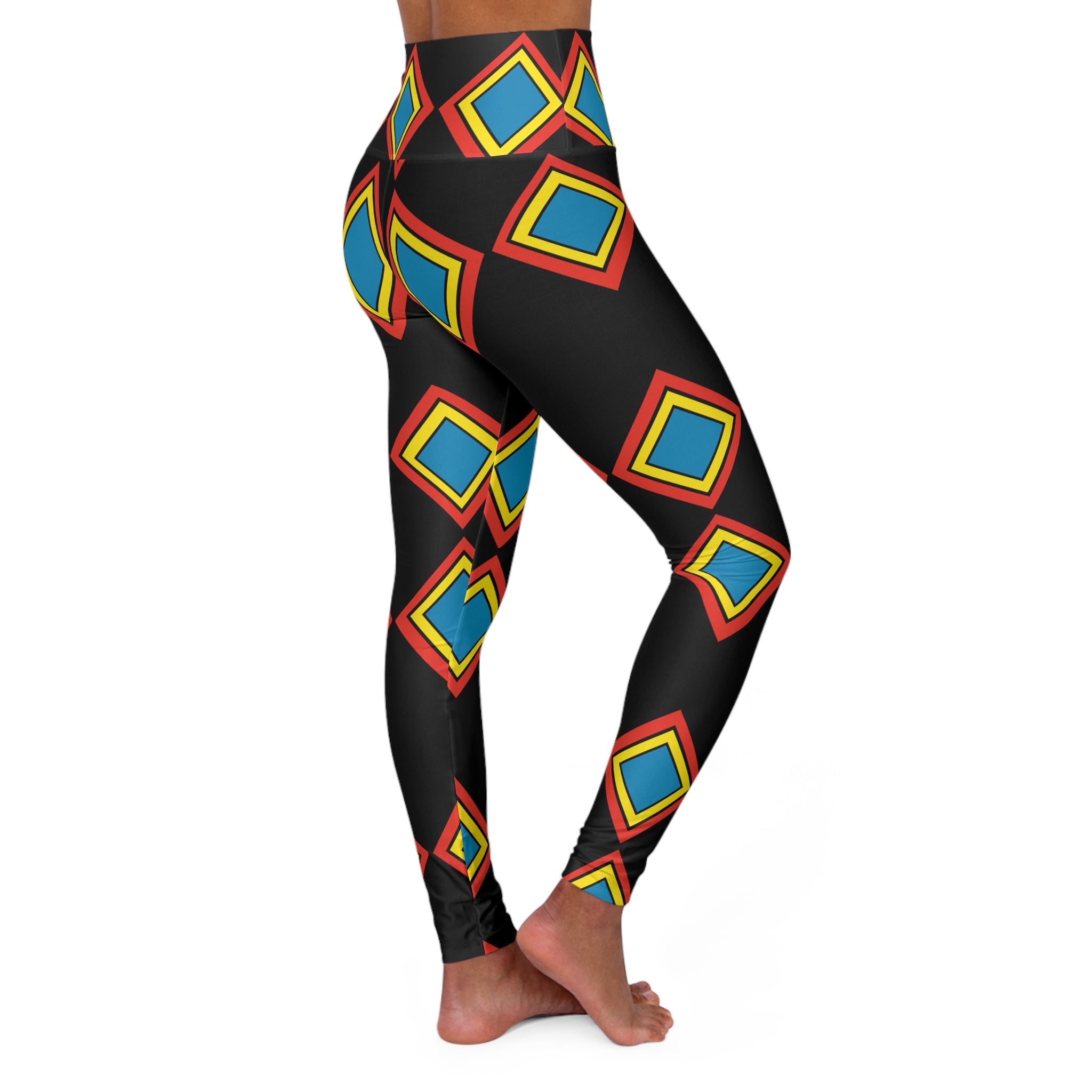 High-Waist Yoga Leggings — Bold Geometric Diamond Print (Black, Red, Yellow, Blue)