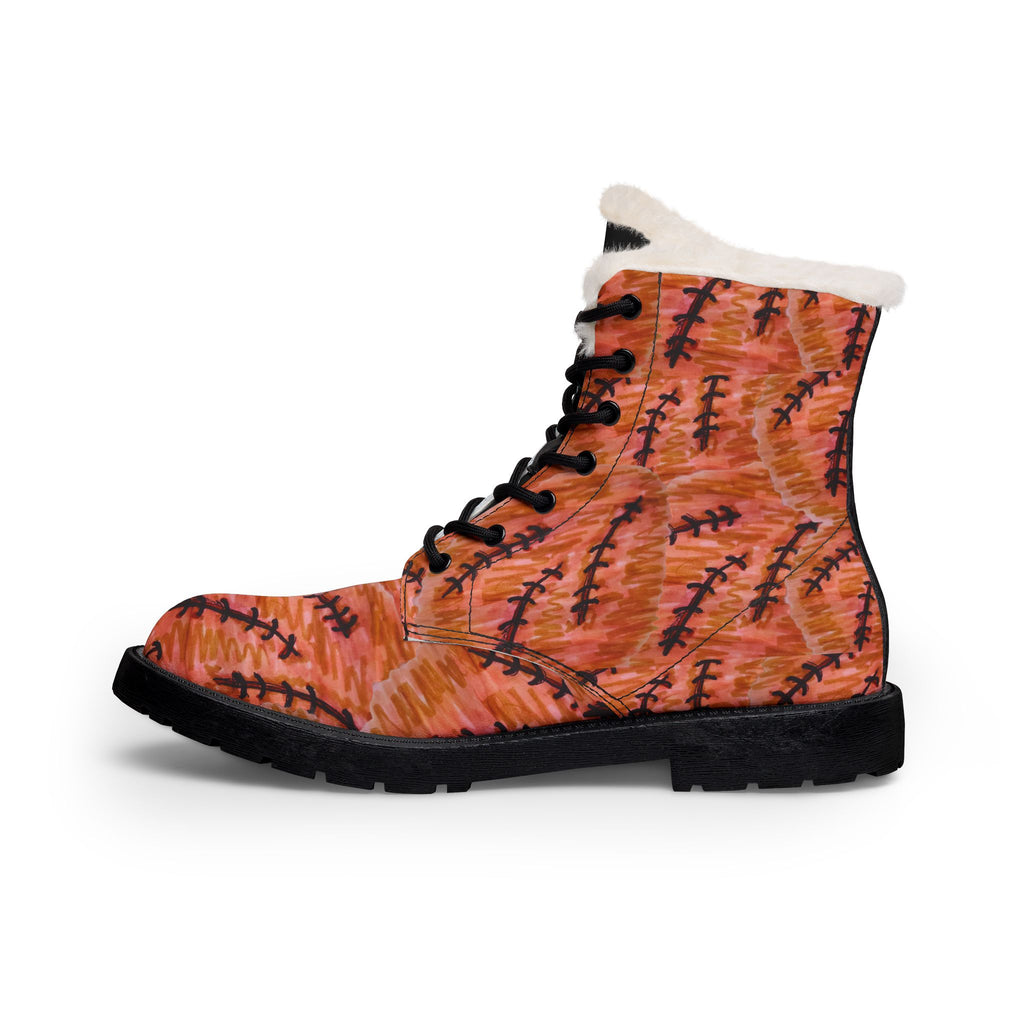 Men's Fur-Lined Leather Boots — Rustic Orange Patterned Winter Combat Boots