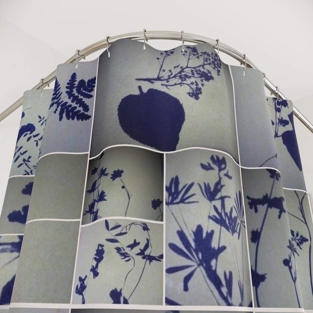 Botanical Grid Shower Curtain — Blue Silhouette Floral Pattern