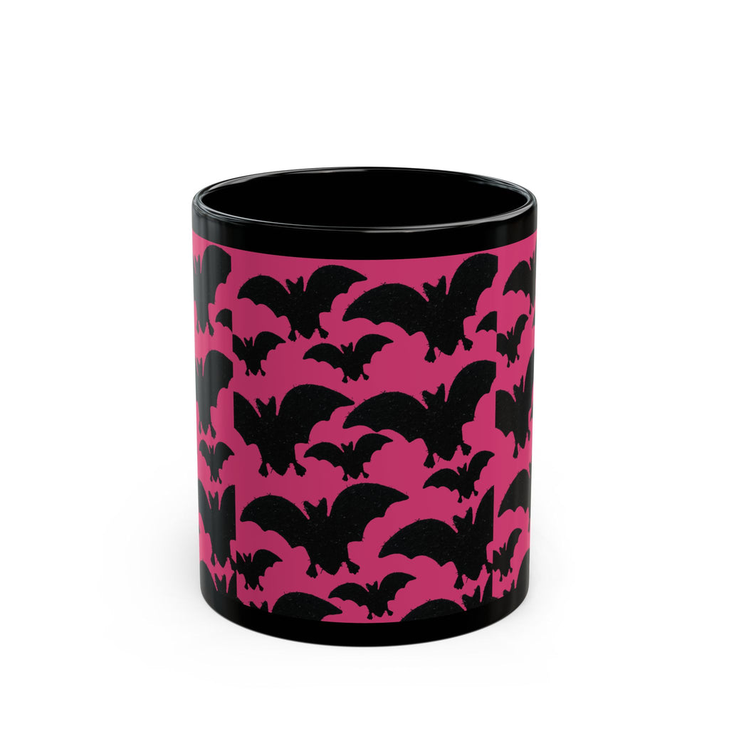 Pink Bat Pattern Black Mug — Halloween Gothic Coffee Cup (11oz/15oz)