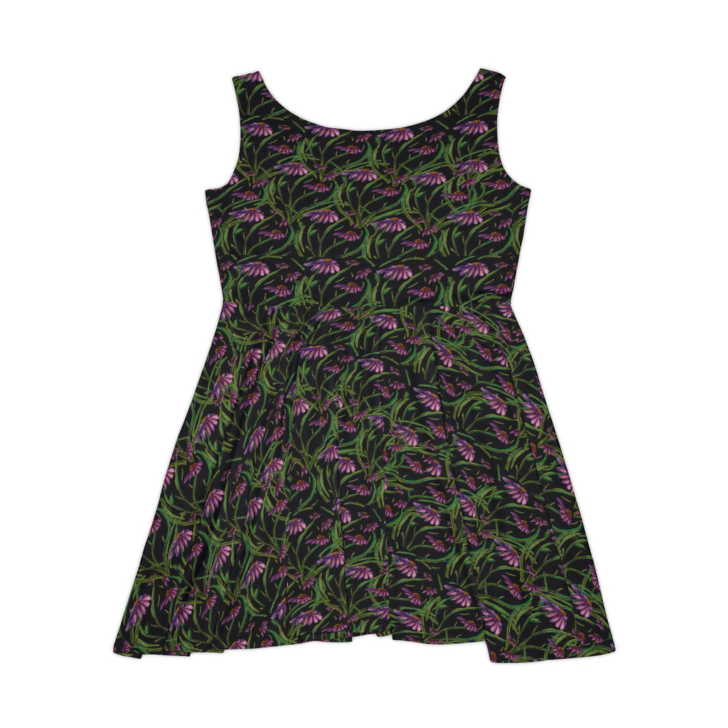 Floral Tulip Skater Dress — Black & Purple All-Over Print