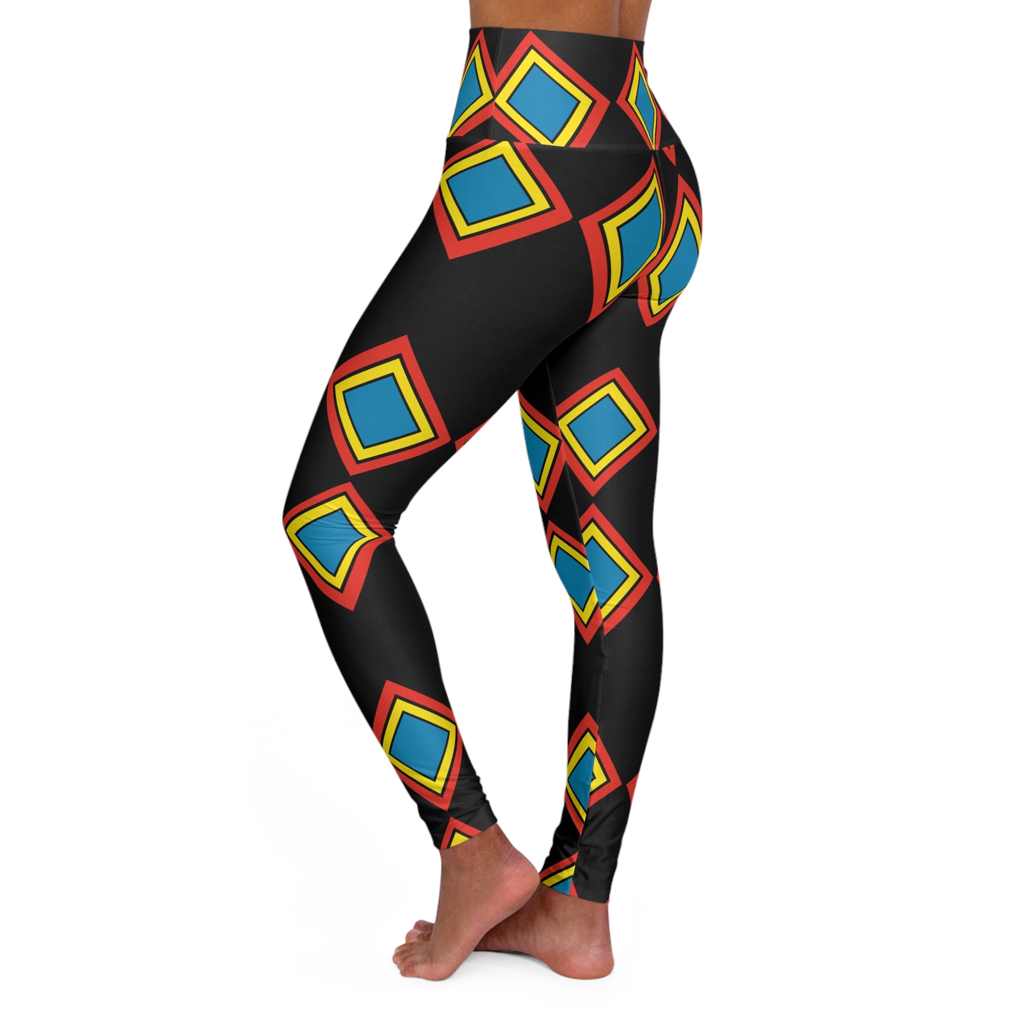 High-Waist Yoga Leggings — Bold Geometric Diamond Print (Black, Red, Yellow, Blue)