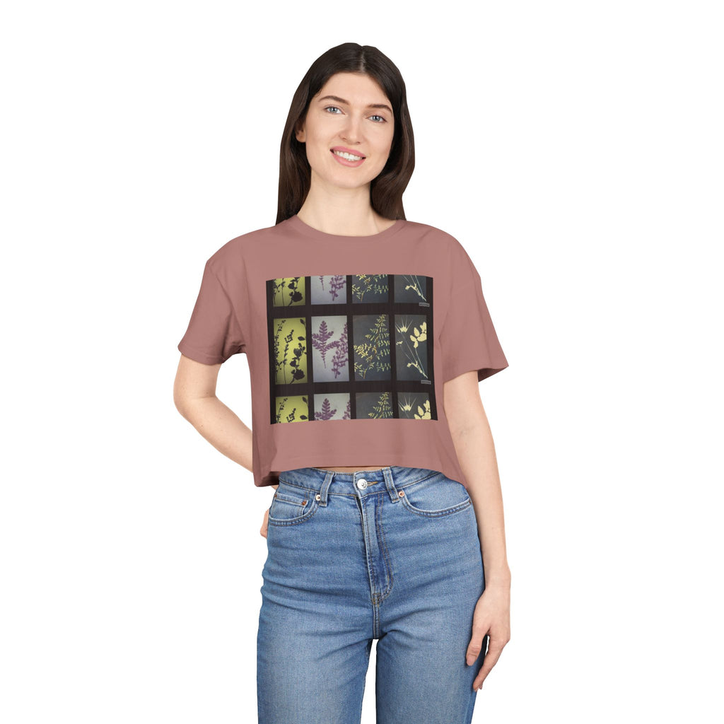 Botanical Grid Women's Crop Tee — Vintage Floral Silhouette Top