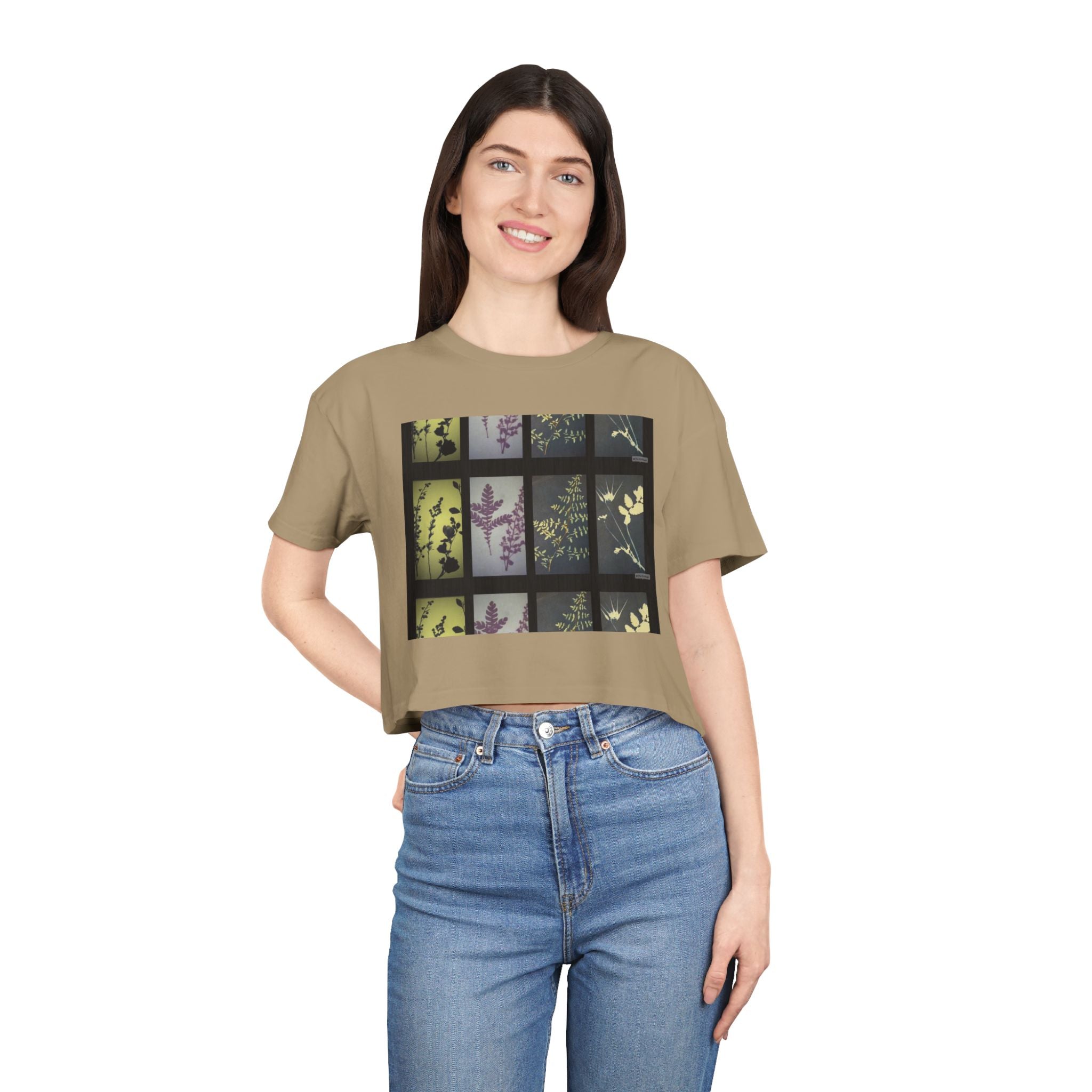 Botanical Grid Women's Crop Tee — Vintage Floral Silhouette Top