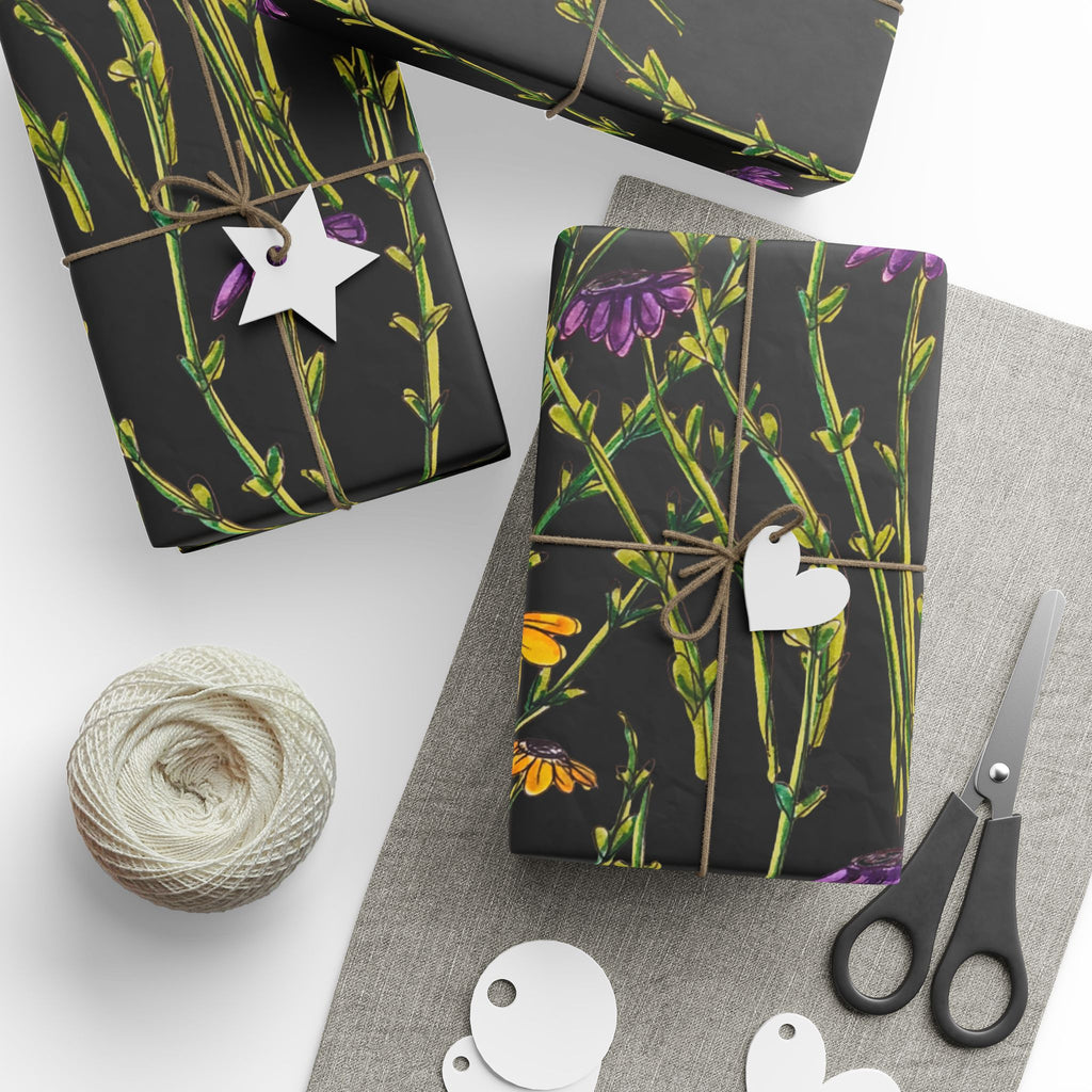 Floral Black Wrapping Paper — Wildflower Pattern Gift Wrap (Yellow & Purple)