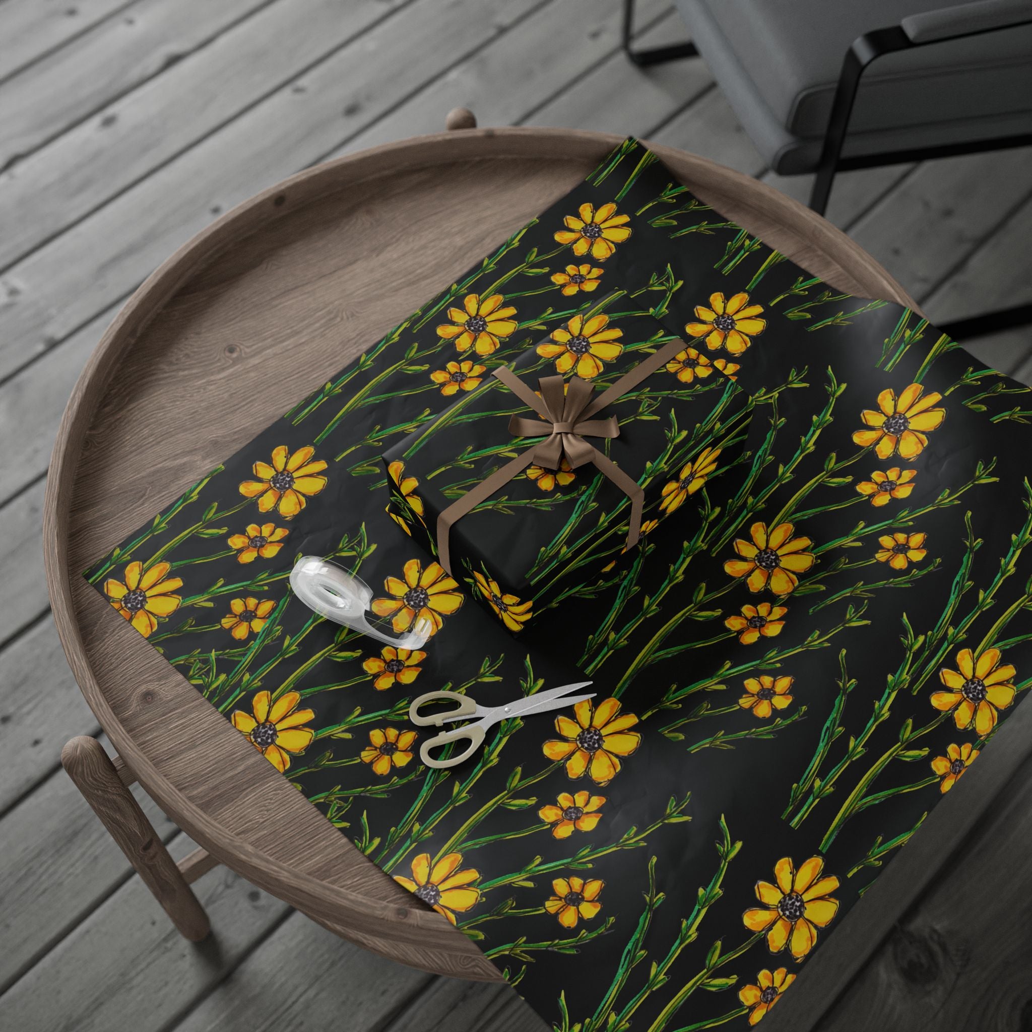 Yellow Wildflower Wrapping Paper — Black Floral Gift Wrap