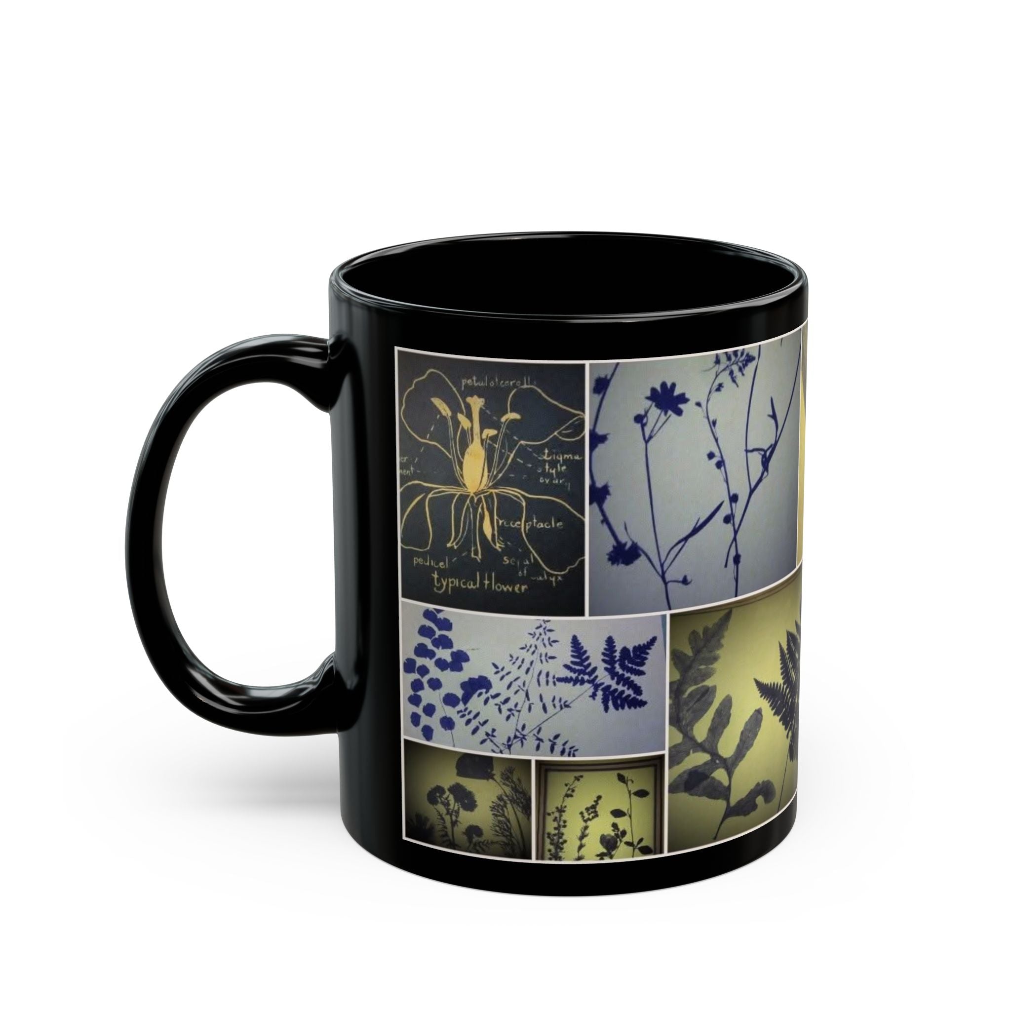 Botanical Collage Black Mug — Vintage Pressed Plants & Script 11oz/15oz
