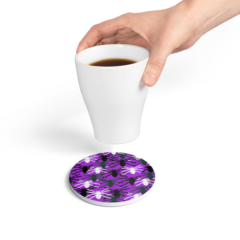 Halloween Spider Pattern Ceramic Coaster — Purple Spiderweb Drink Coaster