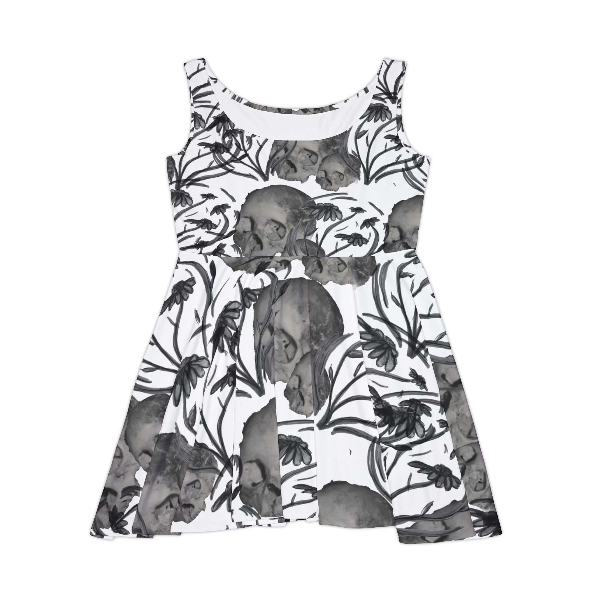 Skater Dress — Monochrome Skull & Floral All-Over Print
