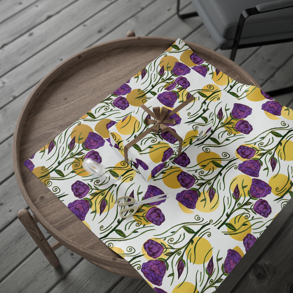 Floral Tulip Wrapping Paper Roll — Purple & Gold Garden Gift Wrap