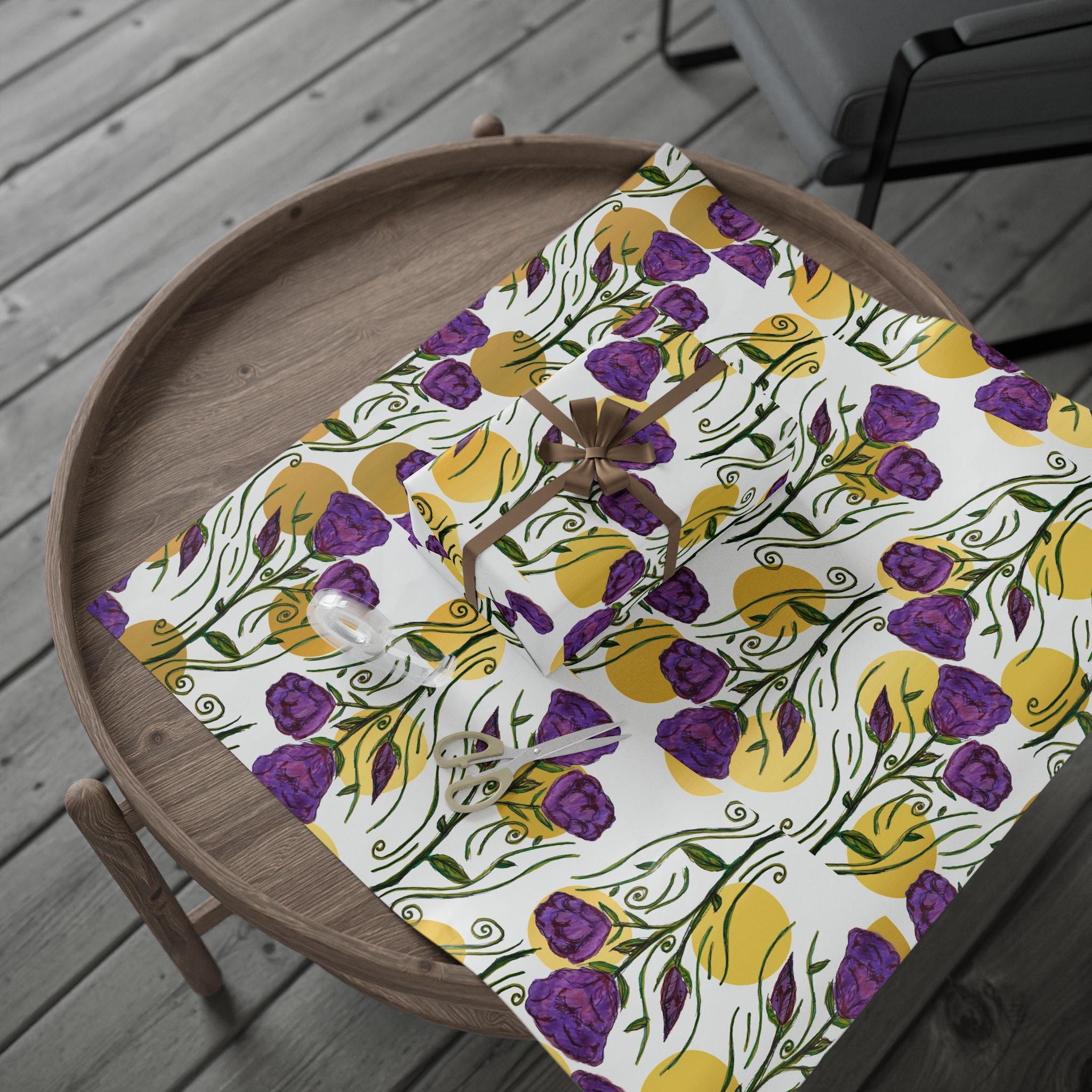 Floral Tulip Wrapping Paper Roll — Purple & Gold Garden Gift Wrap