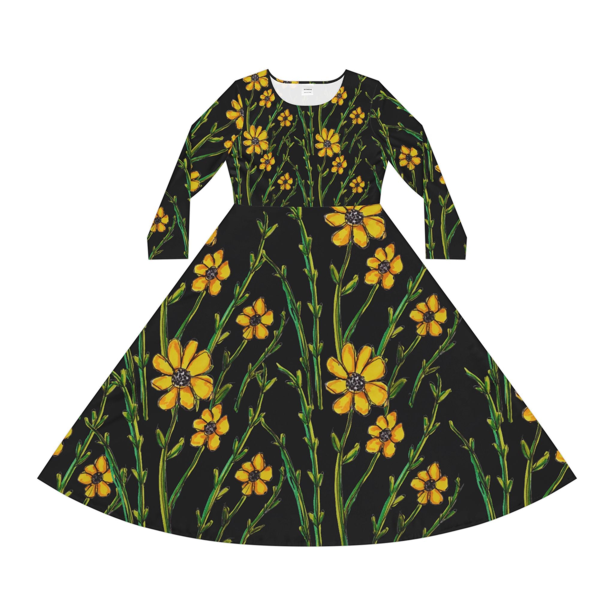 Floral Swing Dress — Yellow Wildflower Long-Sleeve Dance Dress