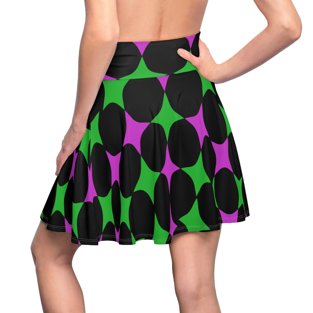 Retro Geo Star Skater Skirt — Bold Green, Purple & Black Pattern
